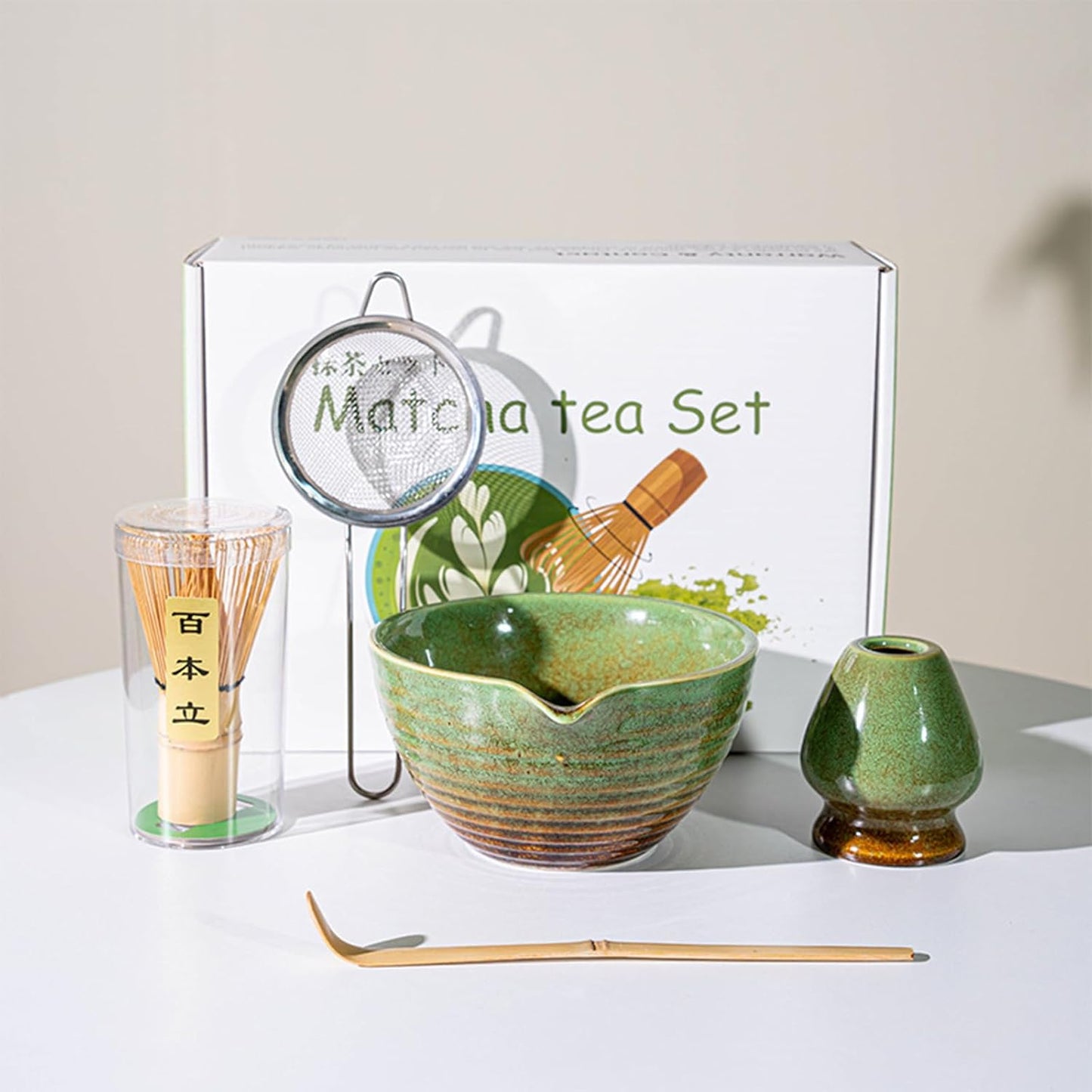 Matcha Whisk Set, Japanese Matcha Set Includes Matcha Bowl with Spout, Matcha Whisk Holder, Bamboo Matcha Whisk and Sifter Scoop, 17 oz Green Glaze Ceramic Matcha Kit for Tea Lovers