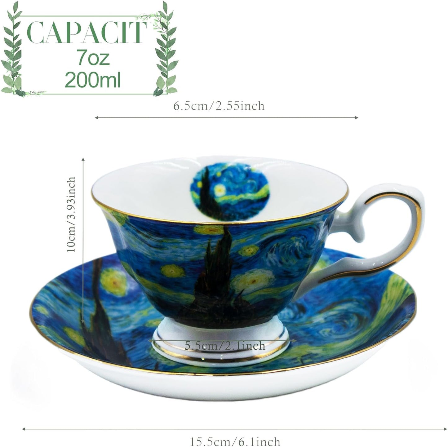 Floral Tea Cups Saucers Set of 2, Bone China 7 oz British Teacups Porcelain Van Gogh Coffee Cup for Rose Tea Cappuccino Espresso Latte (Starry Sky & Starry Sky)