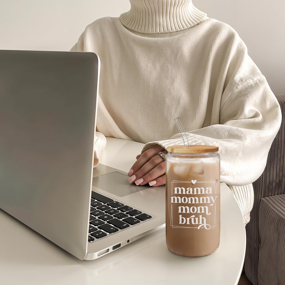 SANDJEST Mother Glass Can, Mama Mommy Mom Bruh Cup with Lid & Straw, Iced Coffee Aesthetic Cups, Idea Gift for Christmas Birthday Mother Day, Gifts for Women, 16oz