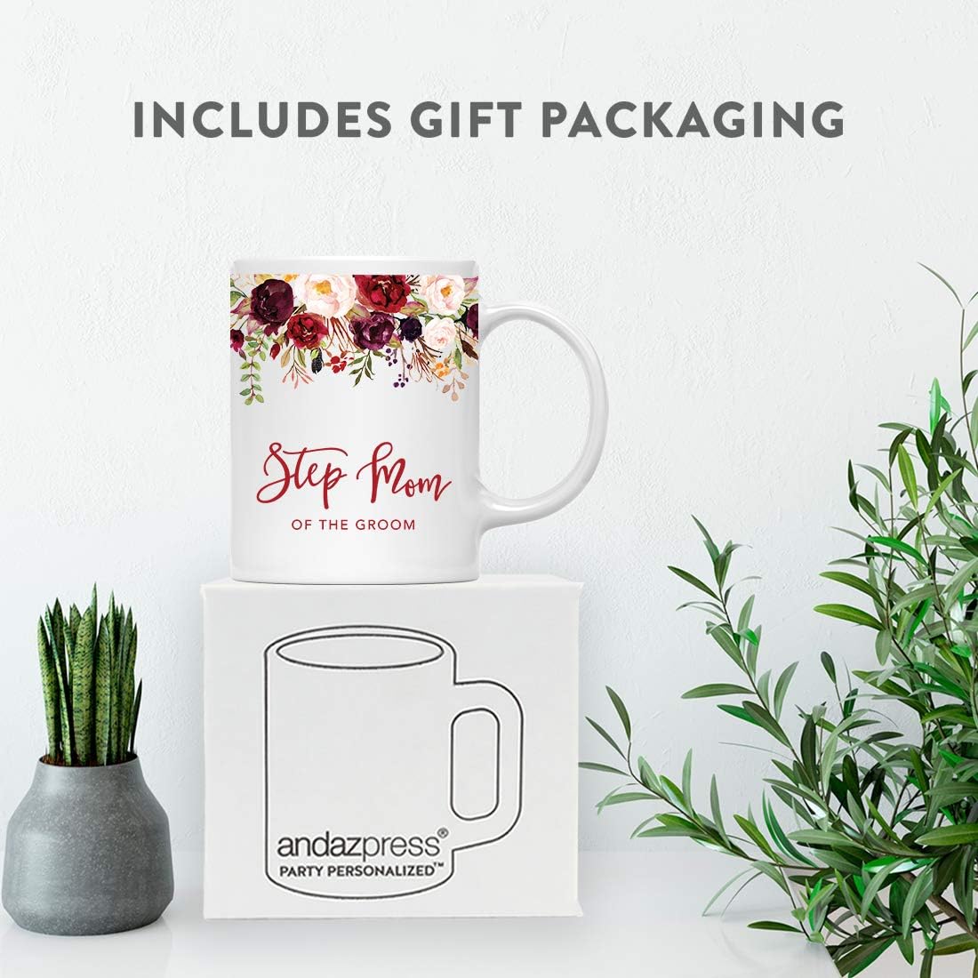 Andaz Press 11oz. Wedding Ceramic Coffee Tea Mug Gift, Fall Autumn Marsala Burgundy Flowers Roses Florals, Step Mom of the Groom, 1-Pack, Includes Gift Box