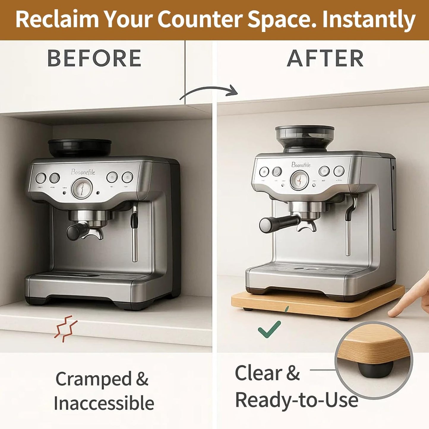 Bamboo Appliance Slider|16"D x 13"W Sliding Tray for Coffee Maker on Countertop|Heavy-Duty Coffee Pot Slider Tray & Kitchen Caddy for KitchenAid Mixer, Air Fryer