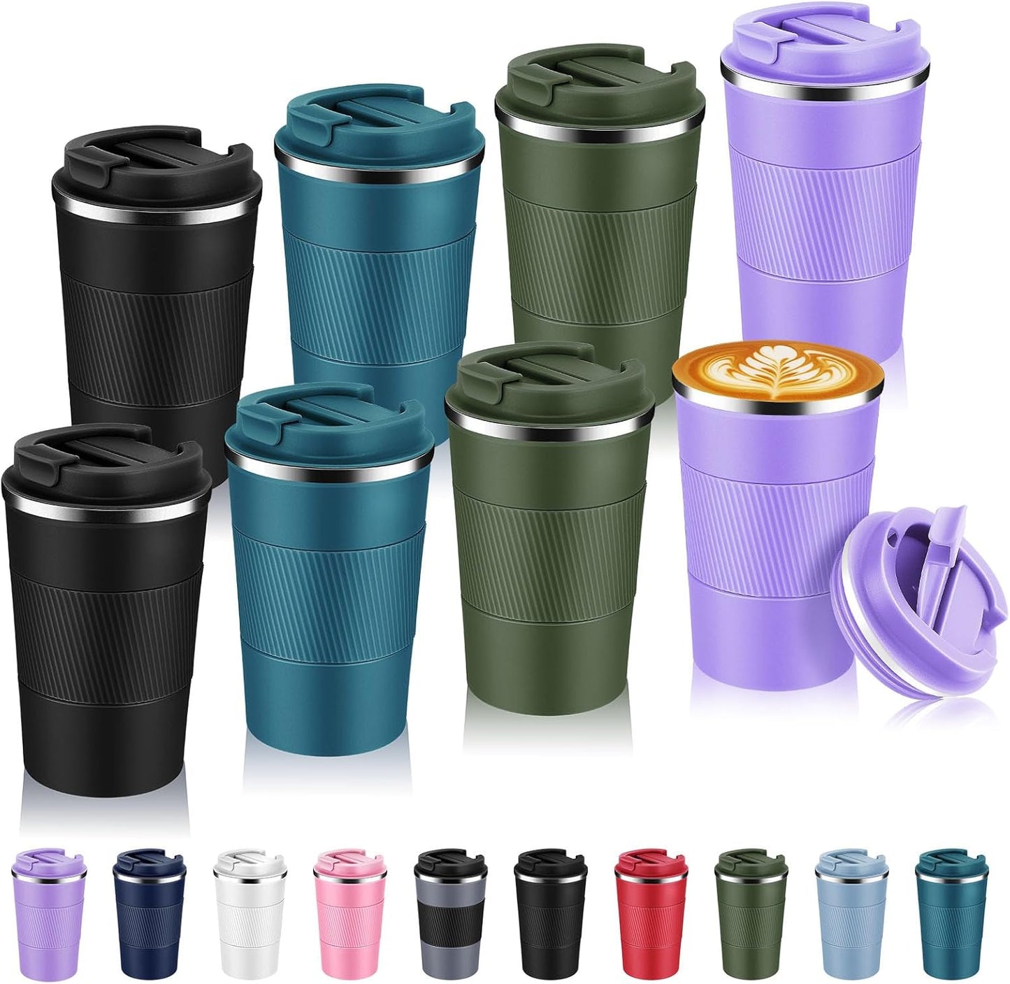 Volhoply 13 oz Stainless Steel Insulated Travel Coffee Mug with Fip Lid Bulk 8 Pack,Reusable Double Wall Vacuum Metal Coffee Cup,Portable Leak Proof Thermal Tumbler for Hot & Cold Drinks(Assorted,8)