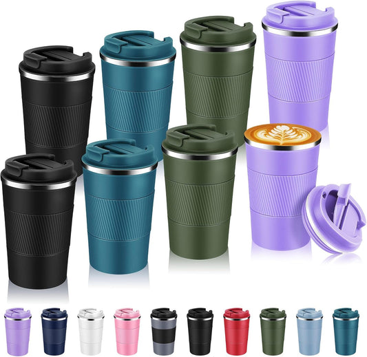 Volhoply 13 oz Stainless Steel Insulated Travel Coffee Mug with Fip Lid Bulk 8 Pack,Reusable Double Wall Vacuum Metal Coffee Cup,Portable Leak Proof Thermal Tumbler for Hot & Cold Drinks(Assorted,8)
