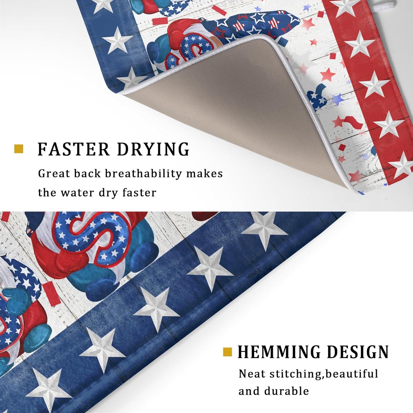 Giwawa 4th of July Gnomes Dish Drying Mat 18x24 inch Patriotic Elf Usa Stars Dish Drainer Mats Independece Day Large Microfiber Dish Drying Pad for Kitchen Countertop Holiday Decor