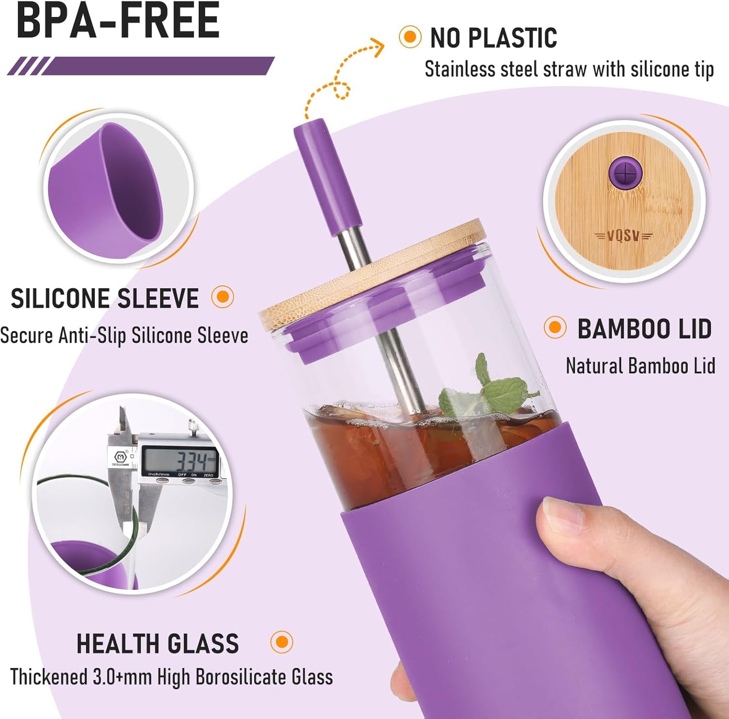 1Pack Glass Tumbler/Lid & Straw - 24oz Reusable Glass Mug w/Bamboo Lid & Stainless Steel Straw-BPA-Free Leak-Proof, Dishwasher Safe for Coffee, Smoothies, Hot Beverage, Travel, Office, Home Use
