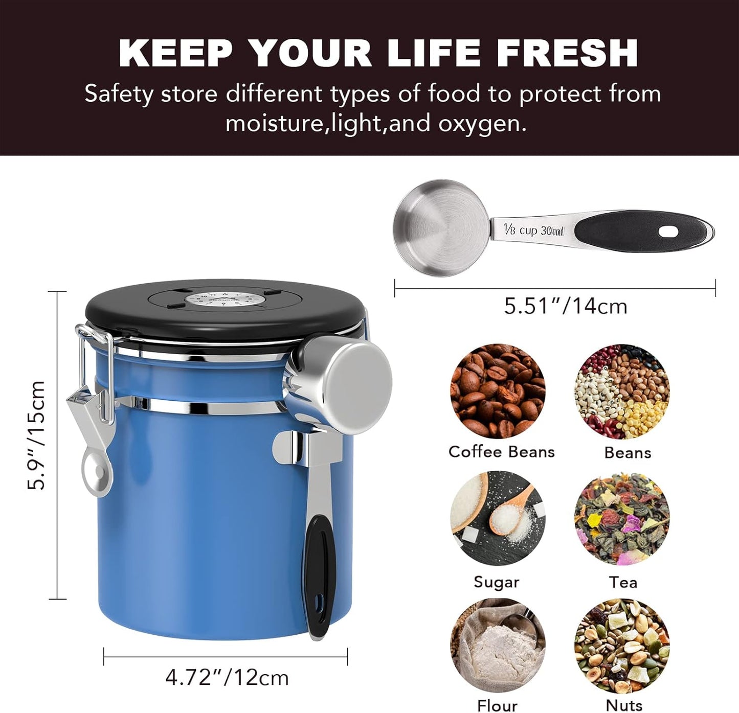 ShanSon Coffee Canister Airtight Coffee Container Stainless Steel Coffee Bean Storage Container with CO2 Release Valve and Scoop Coffee Canister for Beans,Grounds,Sugar,Flour,Tea,Cereal,16OZ,Blue