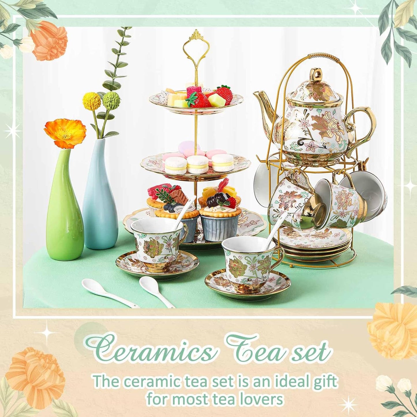 Maxcheck 21 Pcs Tea Party Set for Adults European Floral Tea Set with Metal Holder and 3 Tier Ceramic Cake Stand Porcelain Flower Cup Teapot for Dessert Cupcake(Classic Style)