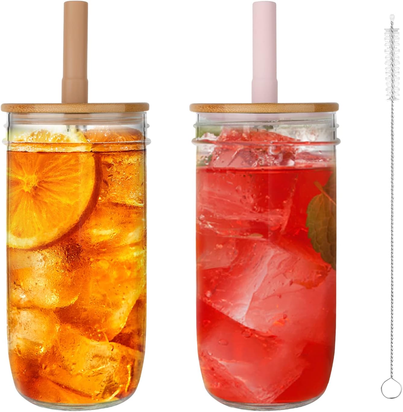 Glass Tumbler with Lids and Straws 2 Pack, 24oz Glass Drinking Jars with Lids and Straws,Reusable Wide Mouth Mason Jar Iced Coffee Cup,Smoothie Cup Coffee Travel Mug for Car/Home-Pink/Coffee