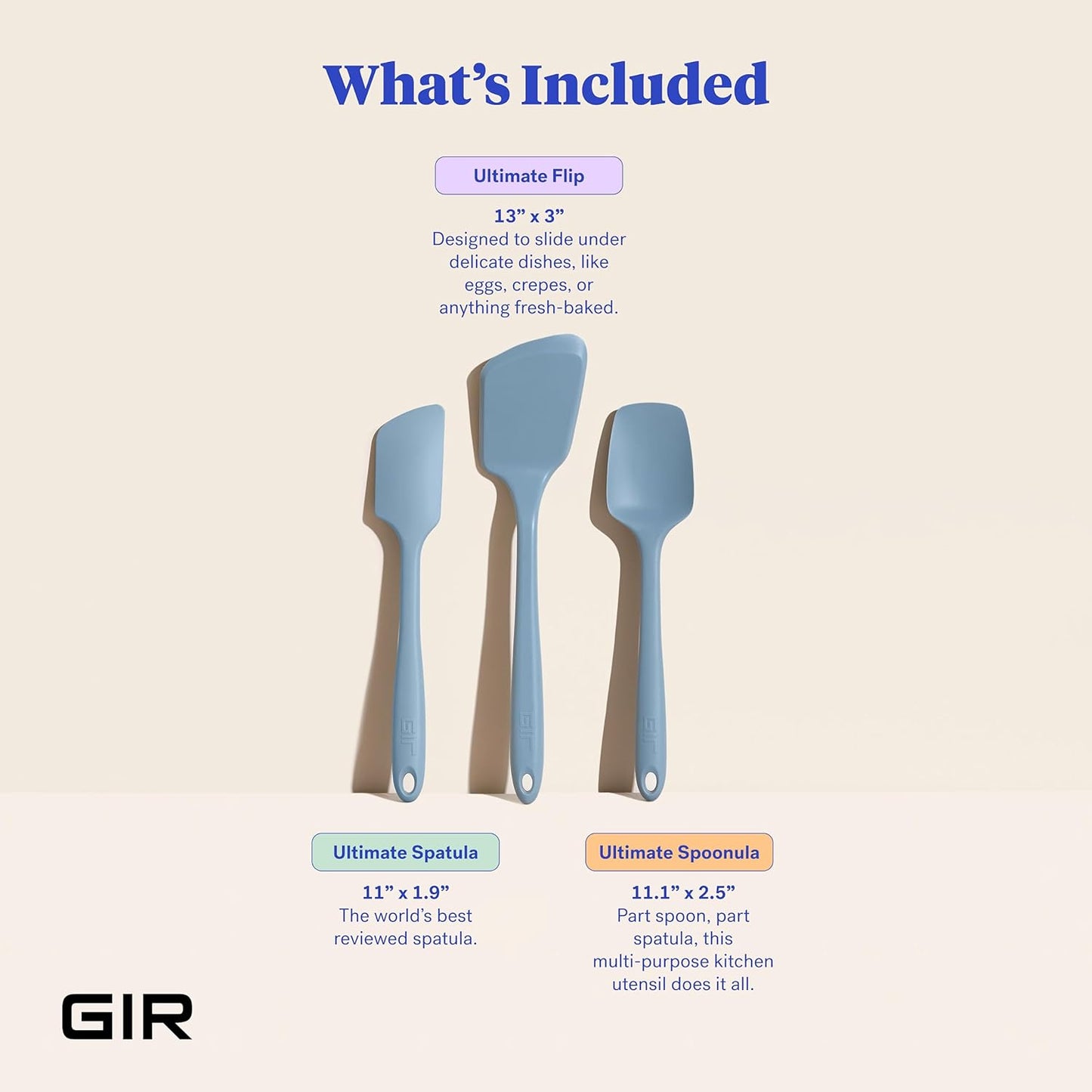 GIR: Get It Right 3 Piece Silicone Utensil Set - Spatula, Flip & Spoonula - Non-Stick, Heat Resistant & Dishwasher Safe - Silicone Kitchen Utensils - BPA & BPS Free - Slate Spatula Set