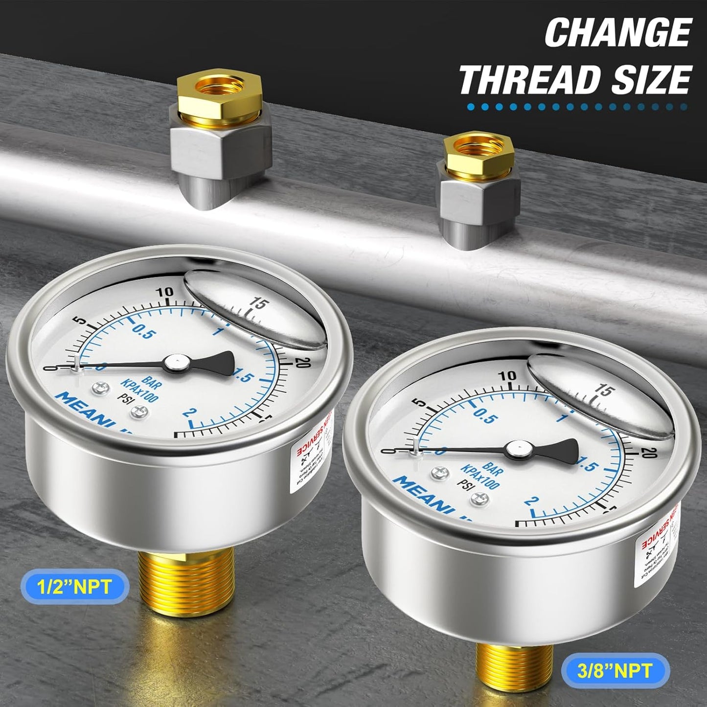 MEANLIN MEASURE 0~30Psi Stainless Steel 1/4" NPT 2.5" FACE DIAL Liquid Filled Pressure Gauge WOG Water Oil Air Center Back Mount, with 1/2" NPT and 3/8" NPT Hex Bushing