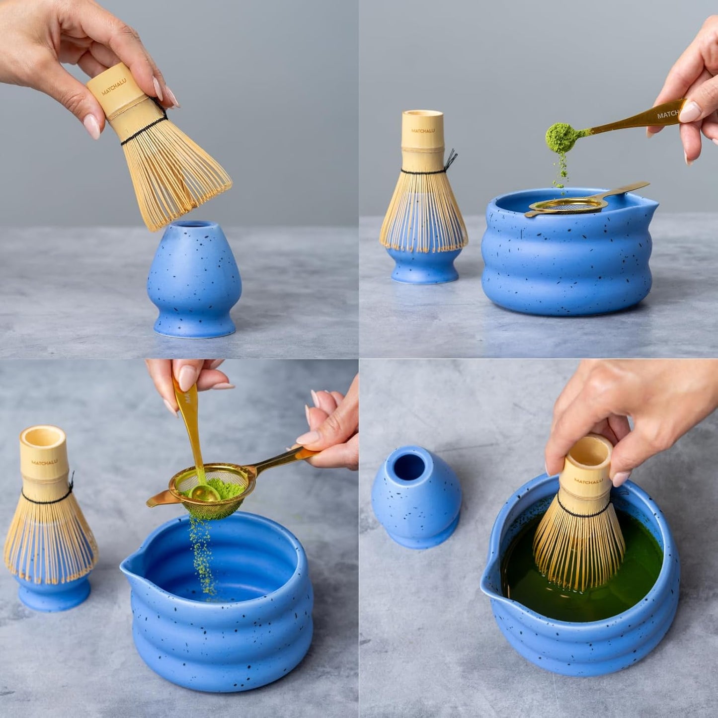 Premium 9 Piece Matcha Set Includes Ceramic Matcha Bowl, Bamboo Whisk & Holder, Stainless Steel Spoon & Sifter, Glass Cup & Straw, Electric Frother, Storage Bag - Gift for Matcha Lovers (Blue)