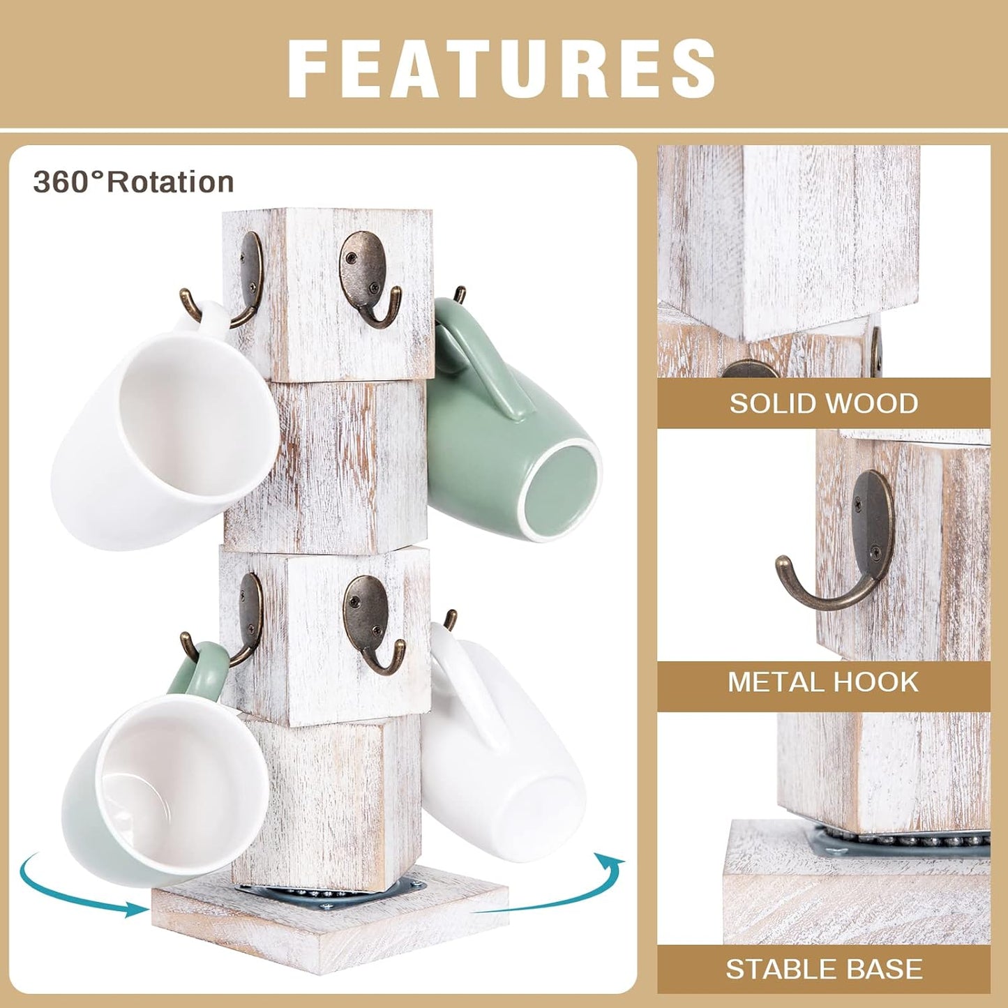Rotated Coffee Mug Holder Tree with 360 Degree Turn, Rustic Wood Mug Tree Stand with 8 Hooks, Farmhouse Coffee Cup Holder for Counter, Mug Hanger for Kitchen Organizer, Farmhouse White