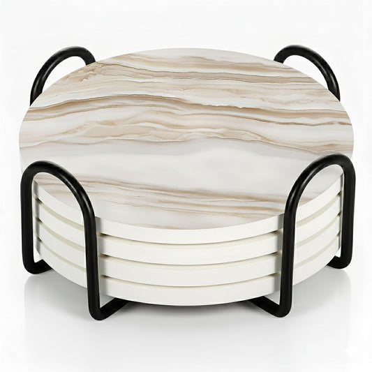 VEYRO Coasters Set of 4 for Drinks – Absorbent Ceramic Stone Drink Coasters with Cork Backing for Coffee Table & Desk, Modern Marble Look Cup Coaster Set, Housewarming Gift for New Home