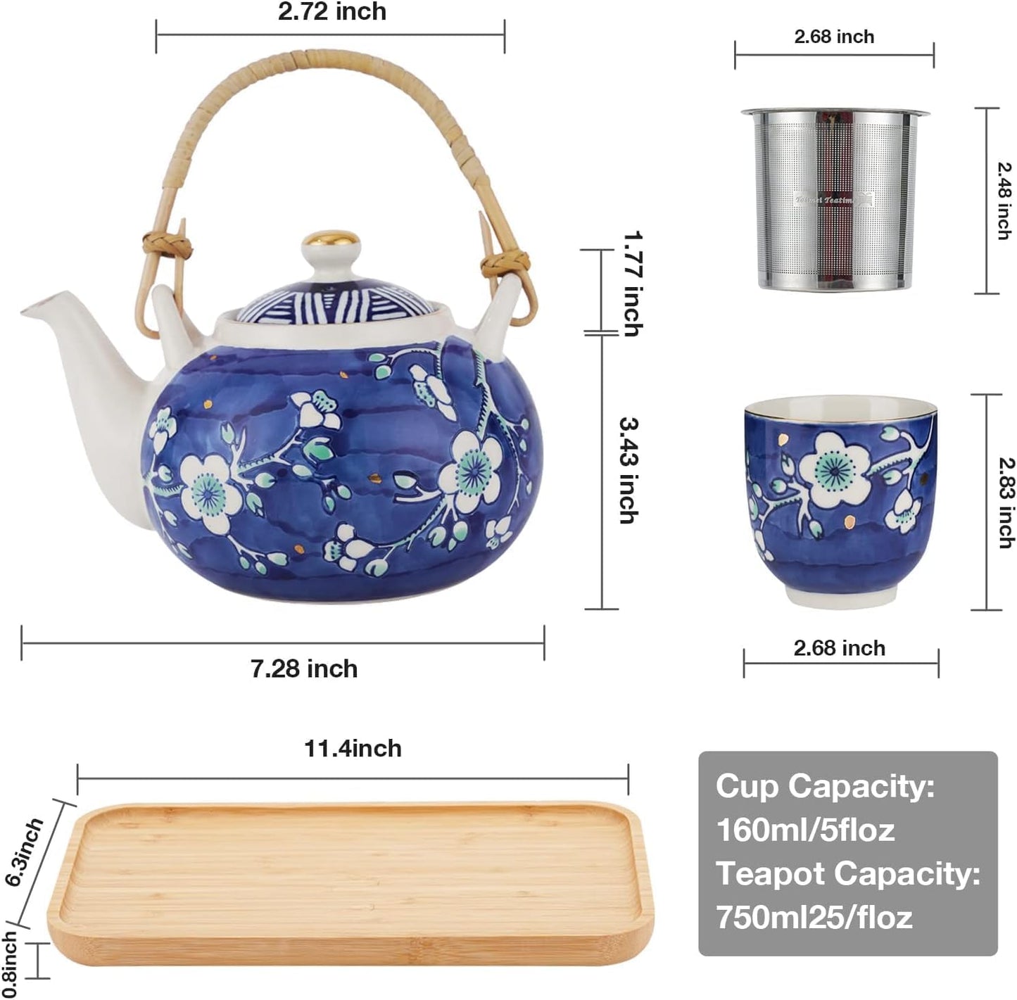 Japanese Tea Set, 25 oz Ceramic Tea Sets with Teapot and Cup Set for 4, Blue and White Tea Sets for Adults with Removable Stainless Infuser and Bamboo Tray, Tea Gifts Set for Tea Lovers