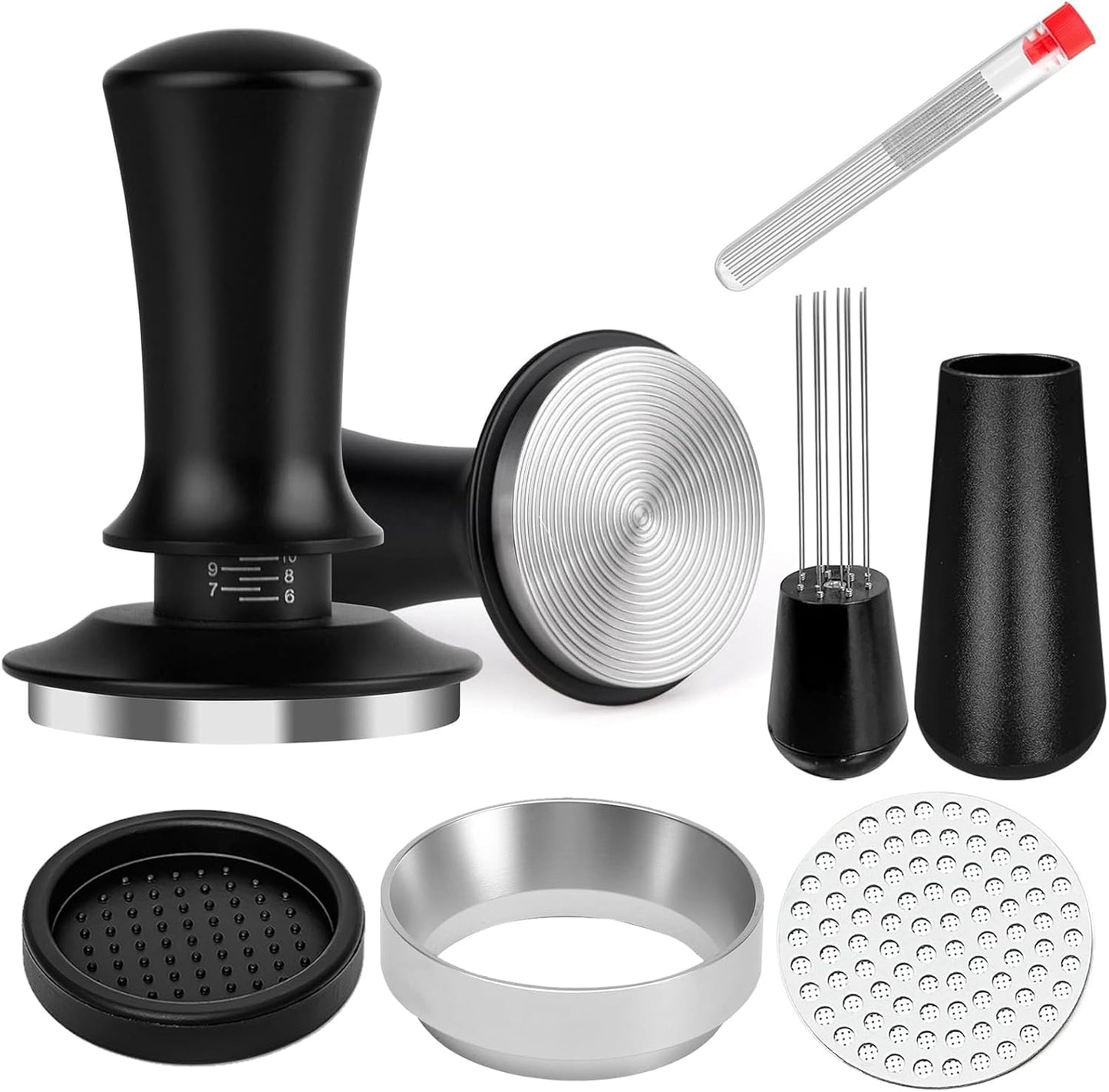 Coffee Espresso Tamper 51mm with WDT Tool Calibrated Spring Loaded,wdt tool espresso and Silicone Tamper Mat,Dosing funnel and coffee puck screen,Black espresso accessories Tool,12 replacement needles