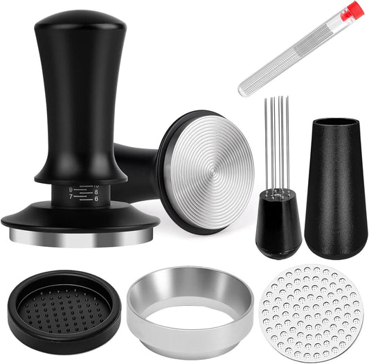 Coffee Espresso Tamper 51mm with WDT Tool Calibrated Spring Loaded,wdt tool espresso and Silicone Tamper Mat,Dosing funnel and coffee puck screen,Black espresso accessories Tool,12 replacement needles