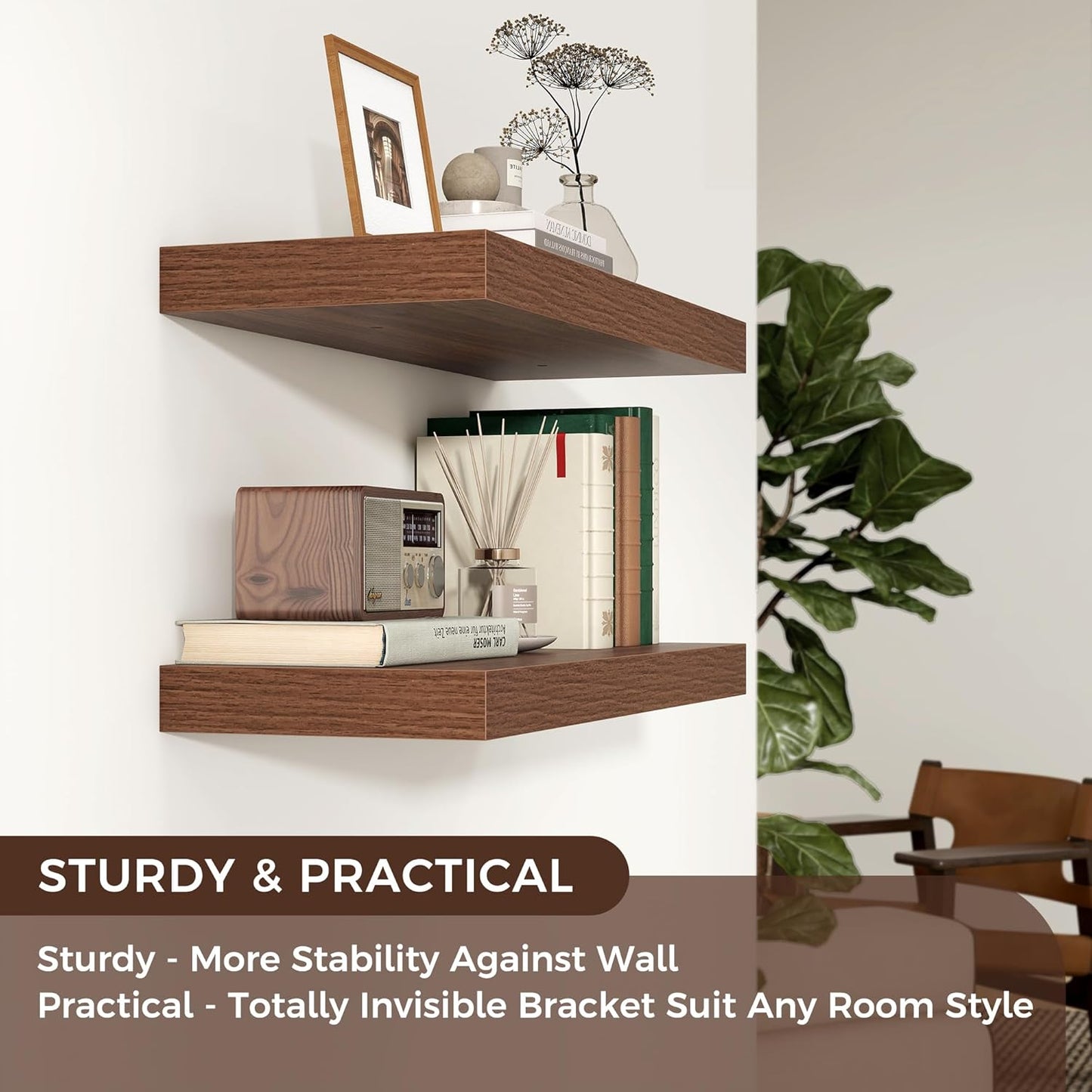 Floating Shelves - 2 Large Wall Mounted Shelves with Invisible Brackets, Long Wood Floating Wall Shelf for Living Room, Bedroom, Kitchen (Walnut, 24" W x 9" D x 1.5" H)