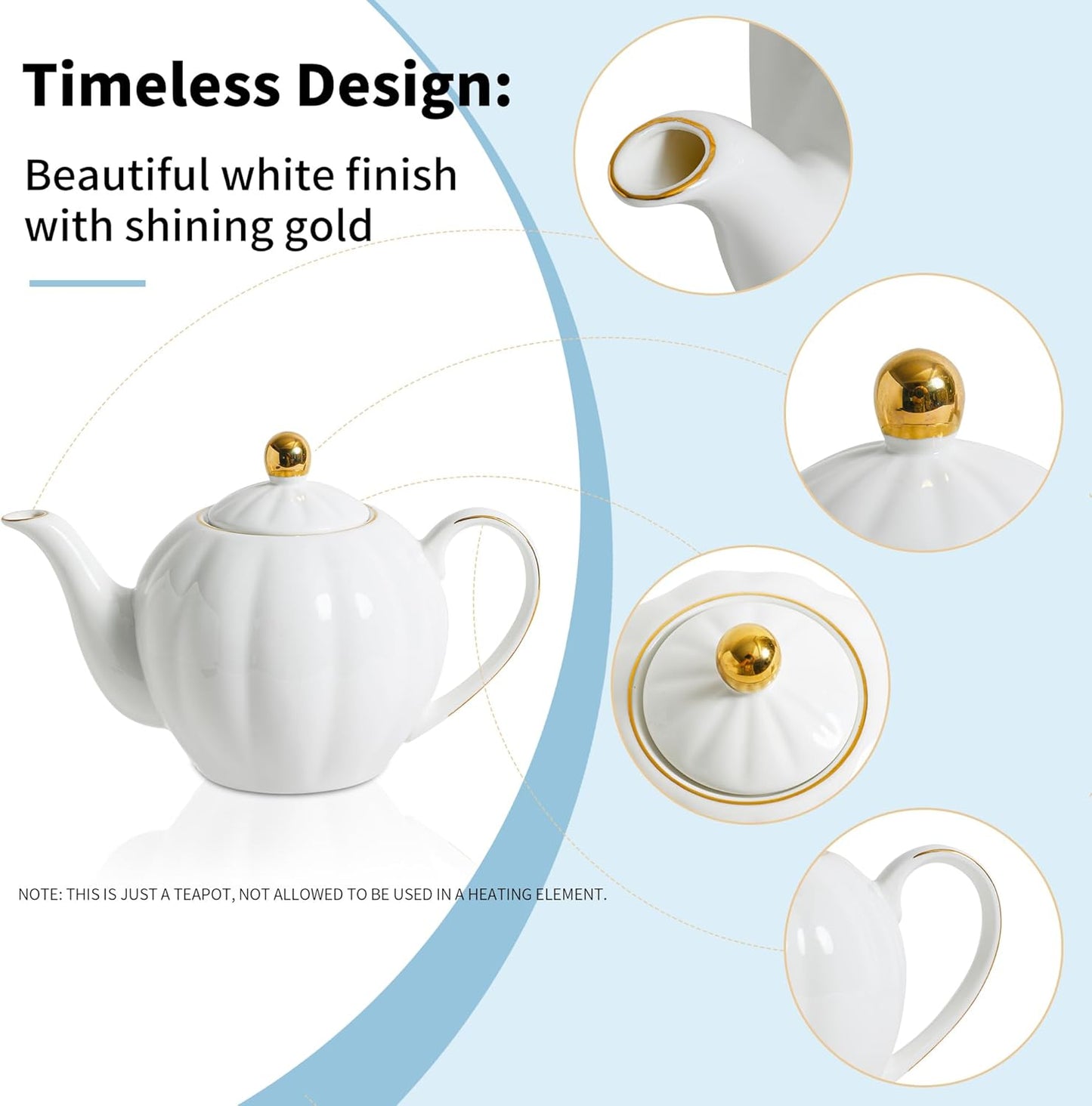 36oz White Porcelain Teapot with Gold Trim, Large Ceramic Teapot for Loose Leaf Tea & Tea Bags, Elegant Tea Party, Gift for Tea Lovers, Classic Design