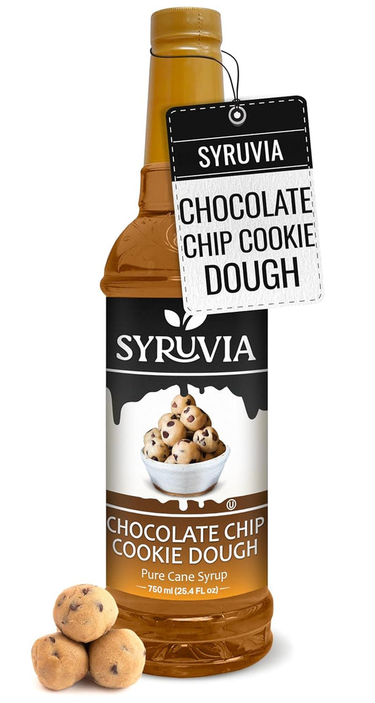 Syruvia Chocolate Chip Cookie Dough Syrup - 25.4 fl oz. Kosher and Gluten-Free. Ideal for Enhancing Drinks, Sodas, Shakes, Desserts, and More.