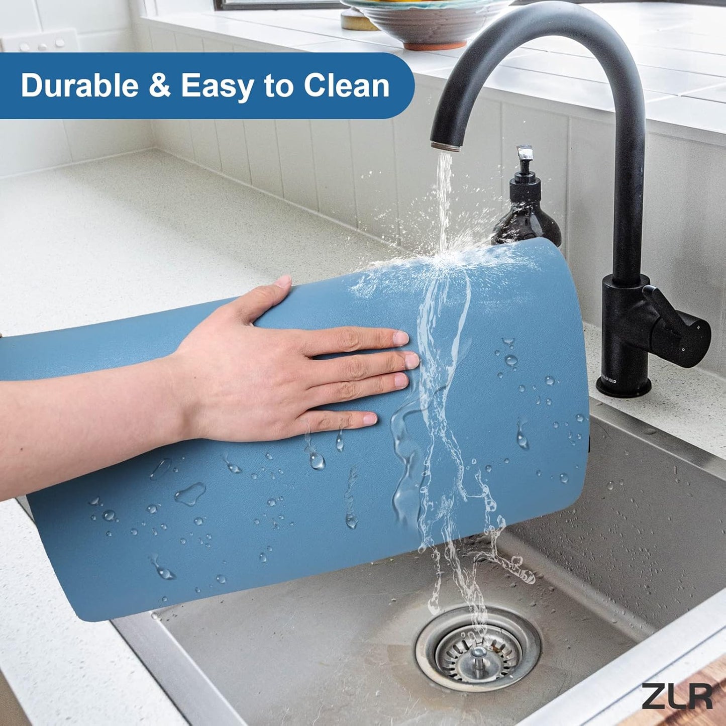 ZLR Coffee Mat - 16" x 20" Large Kitchen Hide Stain Absorbent Dish Drying Mat for Countertop - Easy to Clean Coffee Bar Mat for Espresso Machine and Spill Protection - Navy Blue