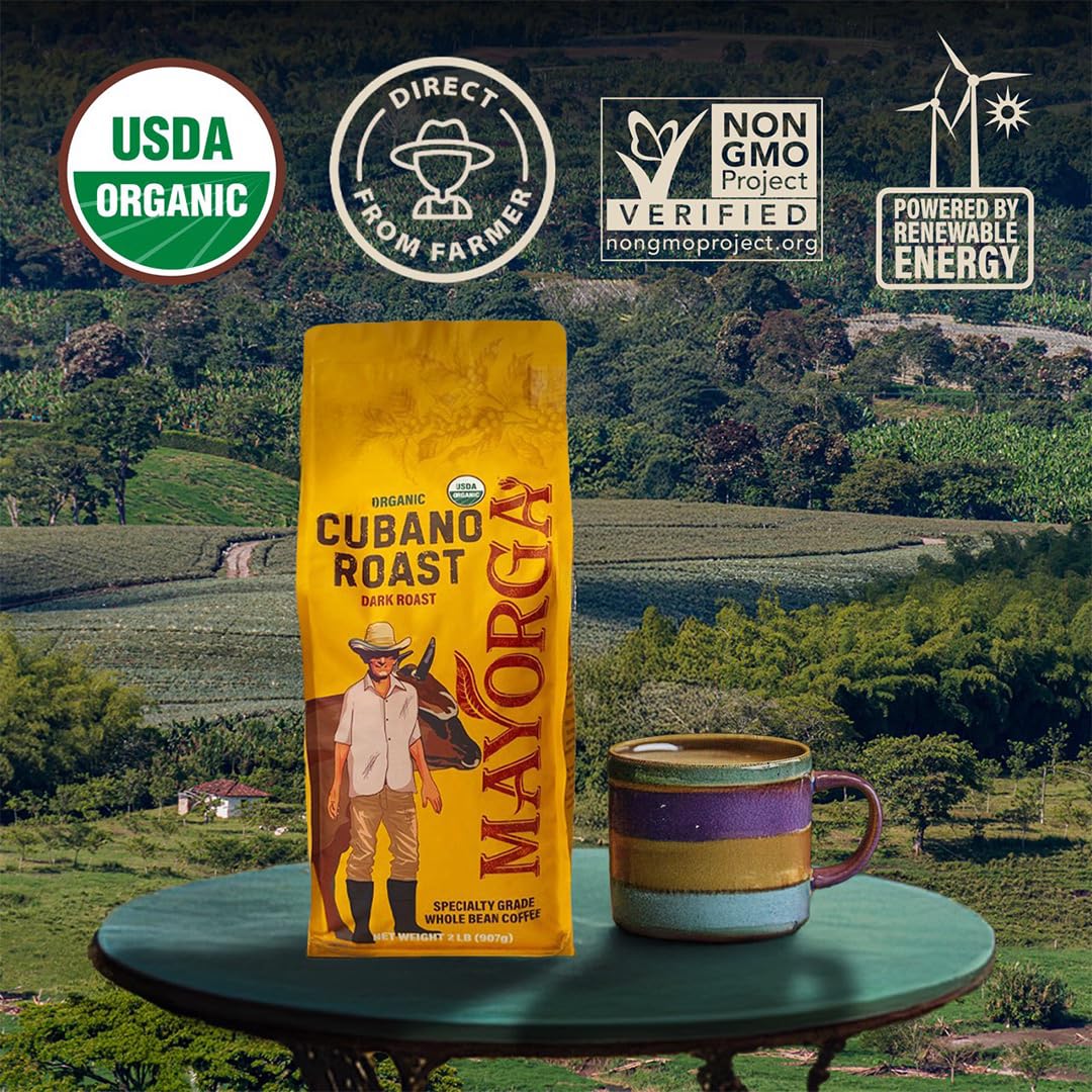 Mayorga Organic Coffee 2lb Cafe Cubano Roast - Dark Roast Whole Bean Specialty Grade Coffee, 100% Arabica, Slow Roasted, Bold and Smooth Flavor with Low Acidity - USDA Organic, Non-GMO, Kosher