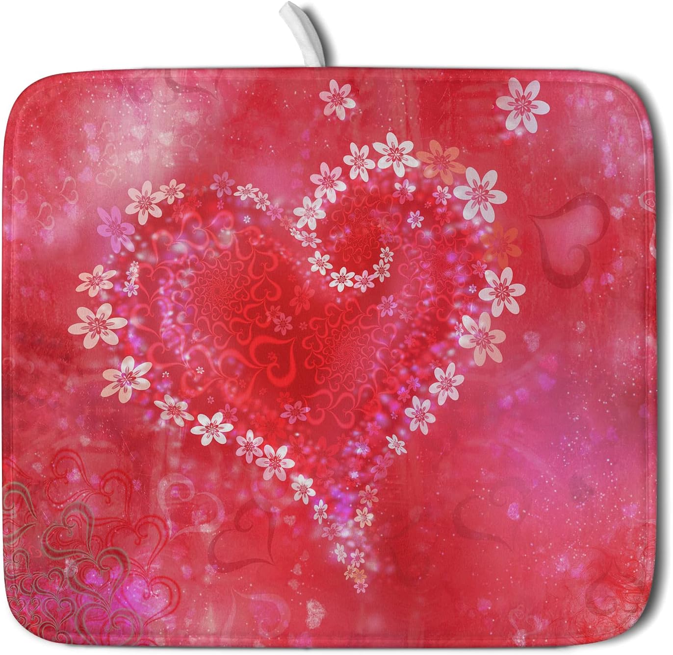 Valentines Day Dish Drying Mat for Kitchen Counter Red Heart Flower Decor Drying Mat 16 x 18 Inch with Absorbent Reversible Microfiber Dish Drying Pad Dish Rack Drainer Mat for Coffee Bar