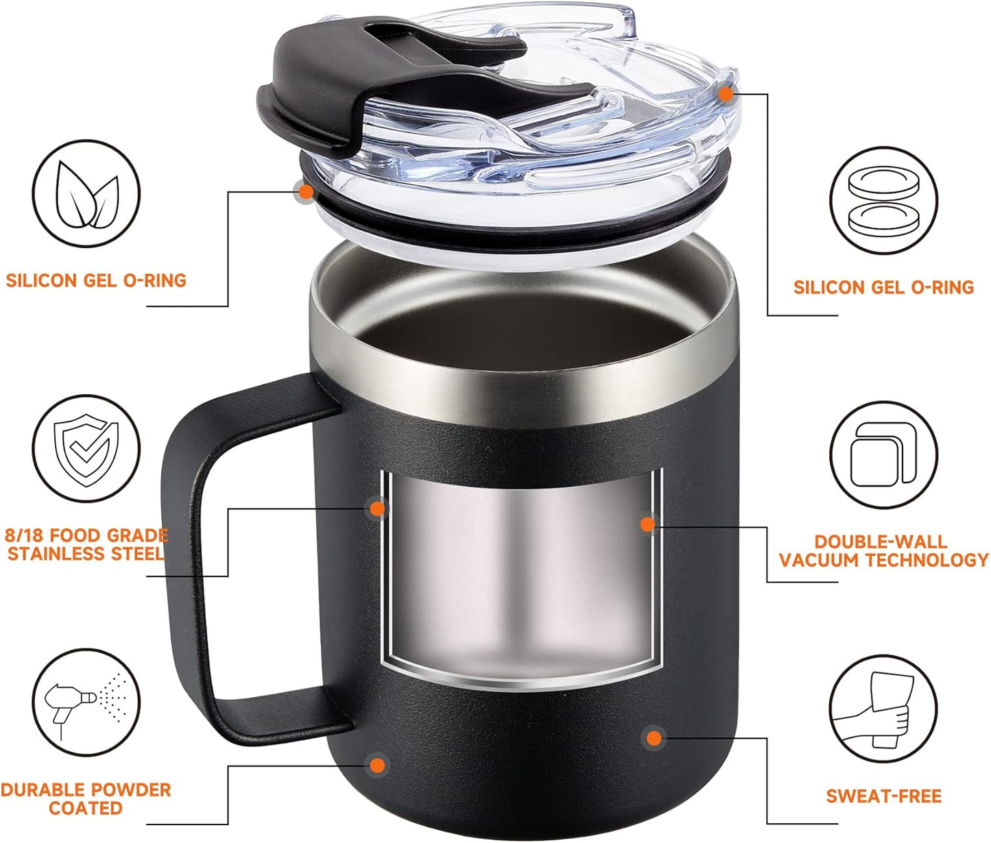 ALOUFEA 12oz Insulated Coffee Mug Cup with Handle, Stainless Steel Travel Coffee Mug with Flip Lid, Double Wall Vacuum Coffee Tumbler, Orange