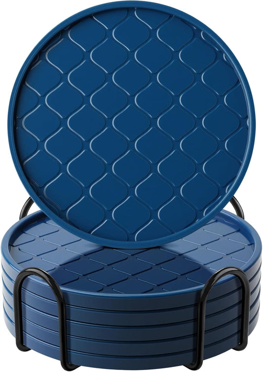 Coasters Set of 6,Hot or Cold Drink Coasters with Holder,Modern Style Coffee Table Coaster,Suitable for Kinds Cups Beer,Drink,Anti-Overflow Tabletop Protection(Navy Blue, 6pcs)