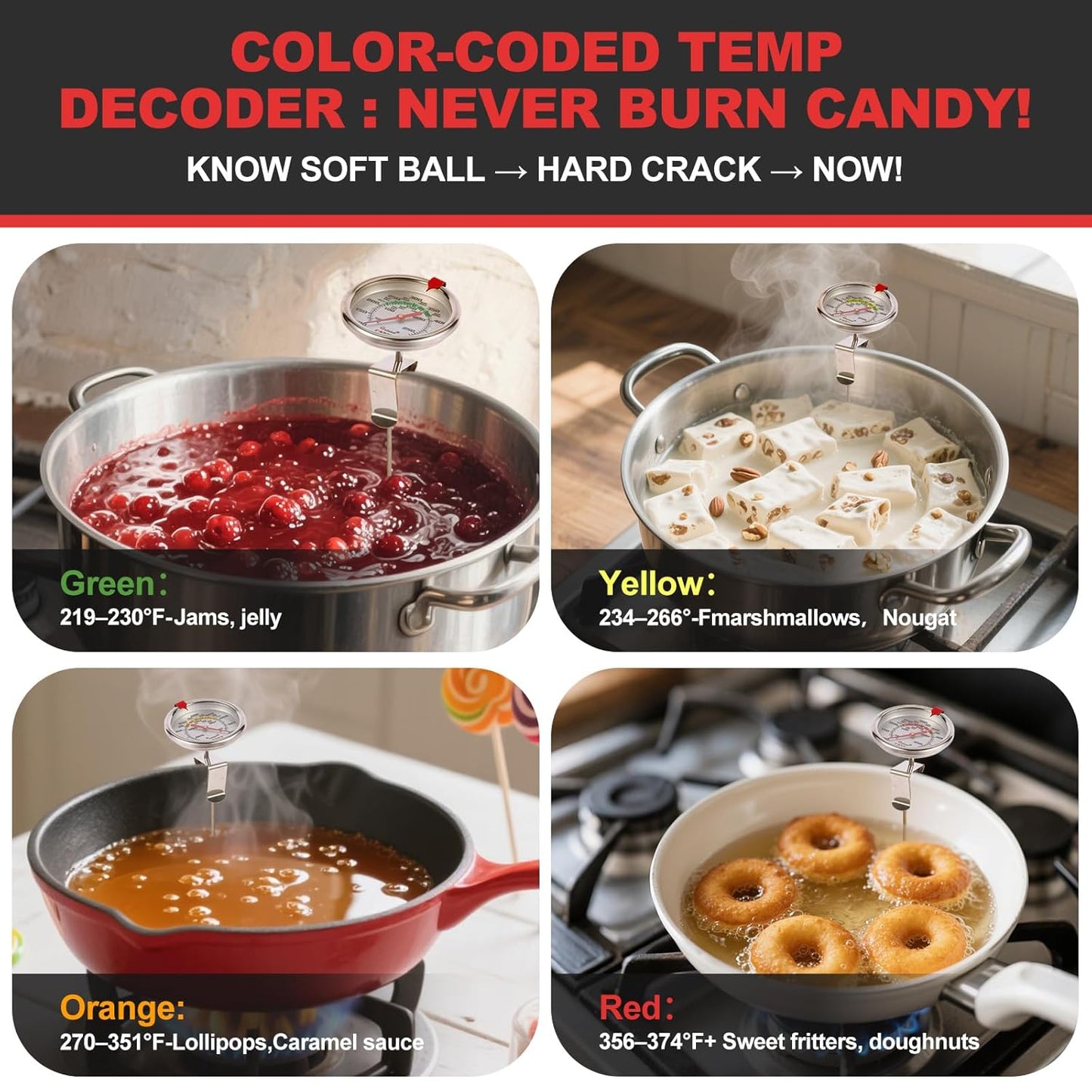 Upgraded Candy Thermometer Waterproof - Oil Thermometer for Frying with Clips - 5" Side of Pot Rainbow dial Thermometer Deep Fry for Oil Candy Candle BBQ - Silver XL