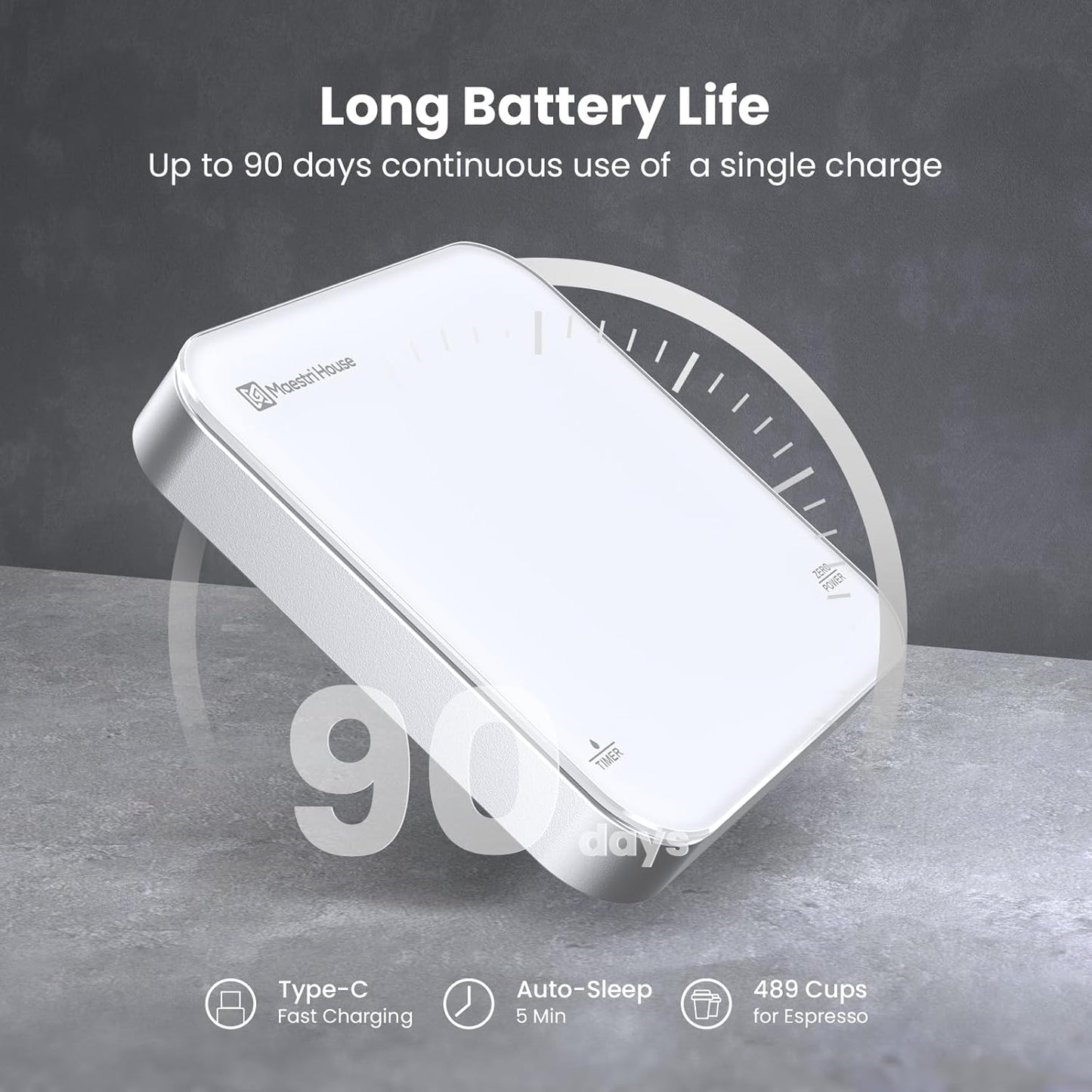 Rechargeable Mini Coffee Scale with Timer, Maestri House Espresso Scale, 2kg/0.1g Accurate Scale for Espresso and Pour-Over Coffee, Portable Digital Kitchen Scale with Automatic Timing（White&Silver）