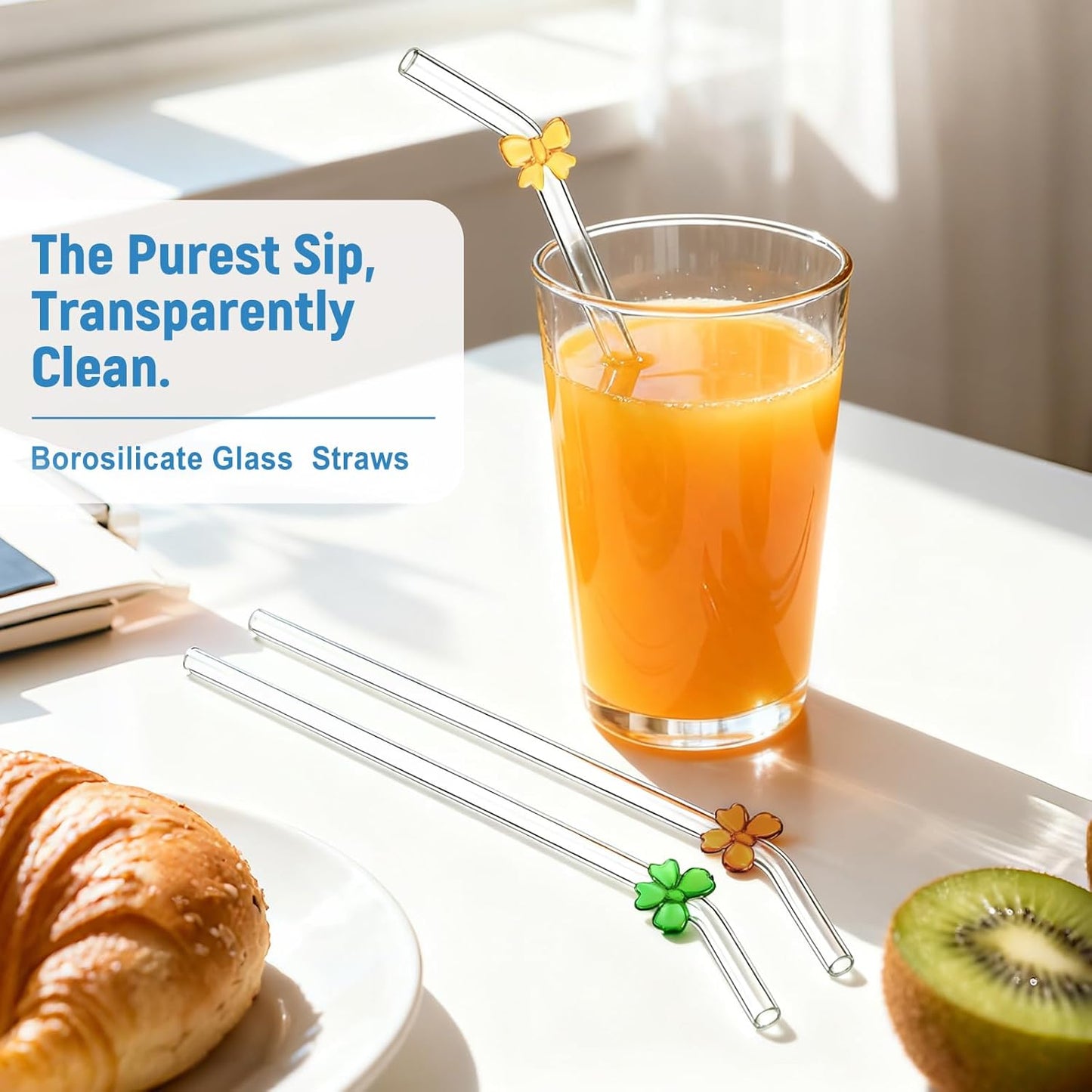 Cute Glass Straws with Charms, Purple Bow Glass Straws Bent, 8mm x 9 Inch Borosilicate Reusable Drinking Straws Clear, Decorative Fun Design for Party Cocktails and Adults, 8 Pack with Case & 2 Brush