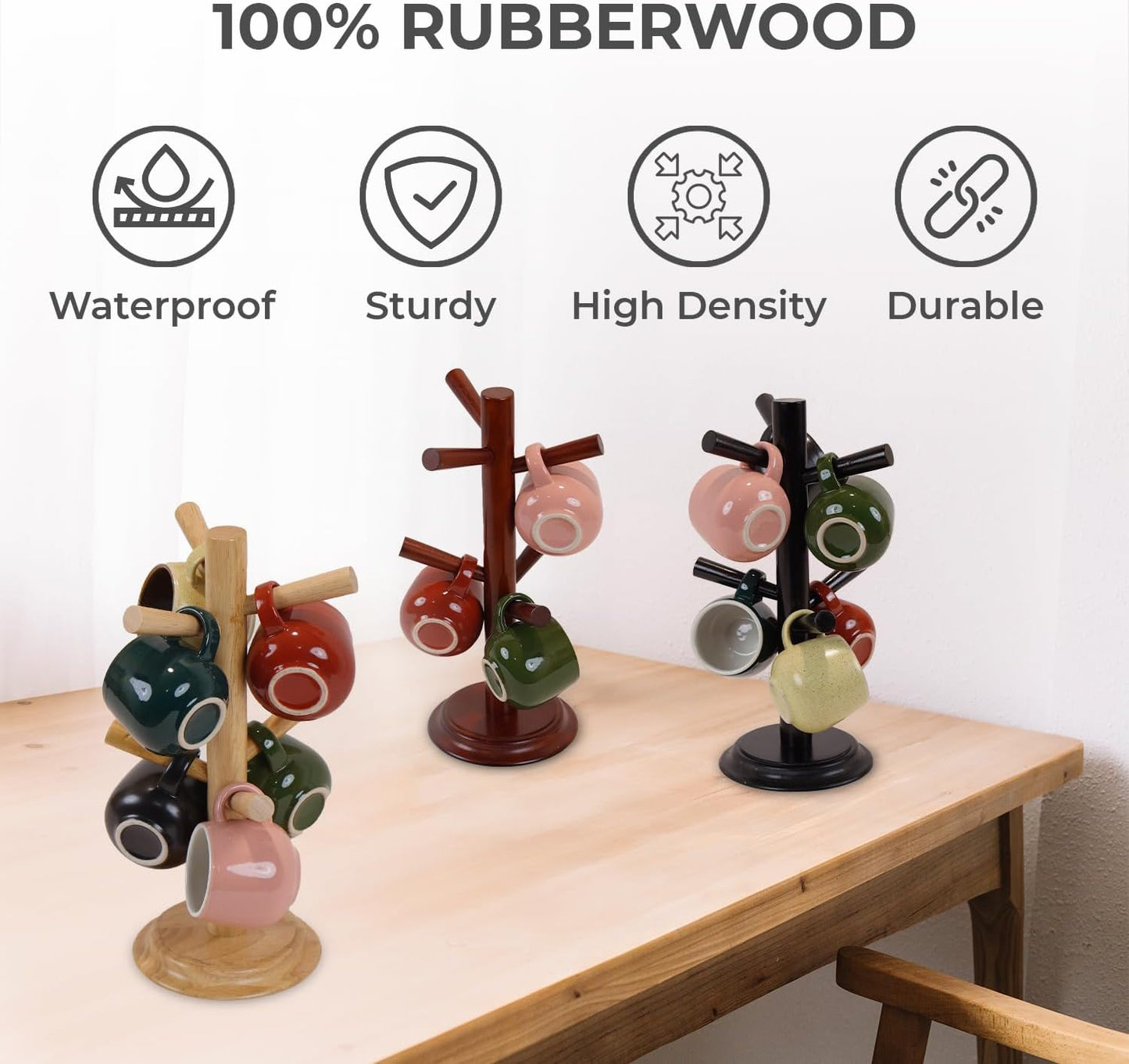 Pack 2 Mug Tree 6 Hooks Rubberwood 13.5"x7"x7", Strudy & Thick Base, Large & Small Cup Holder Tree Wooden for Jewelry, Kitchen Tools, Pantry, Ornaments, Countertop, Table Organizer (Black)