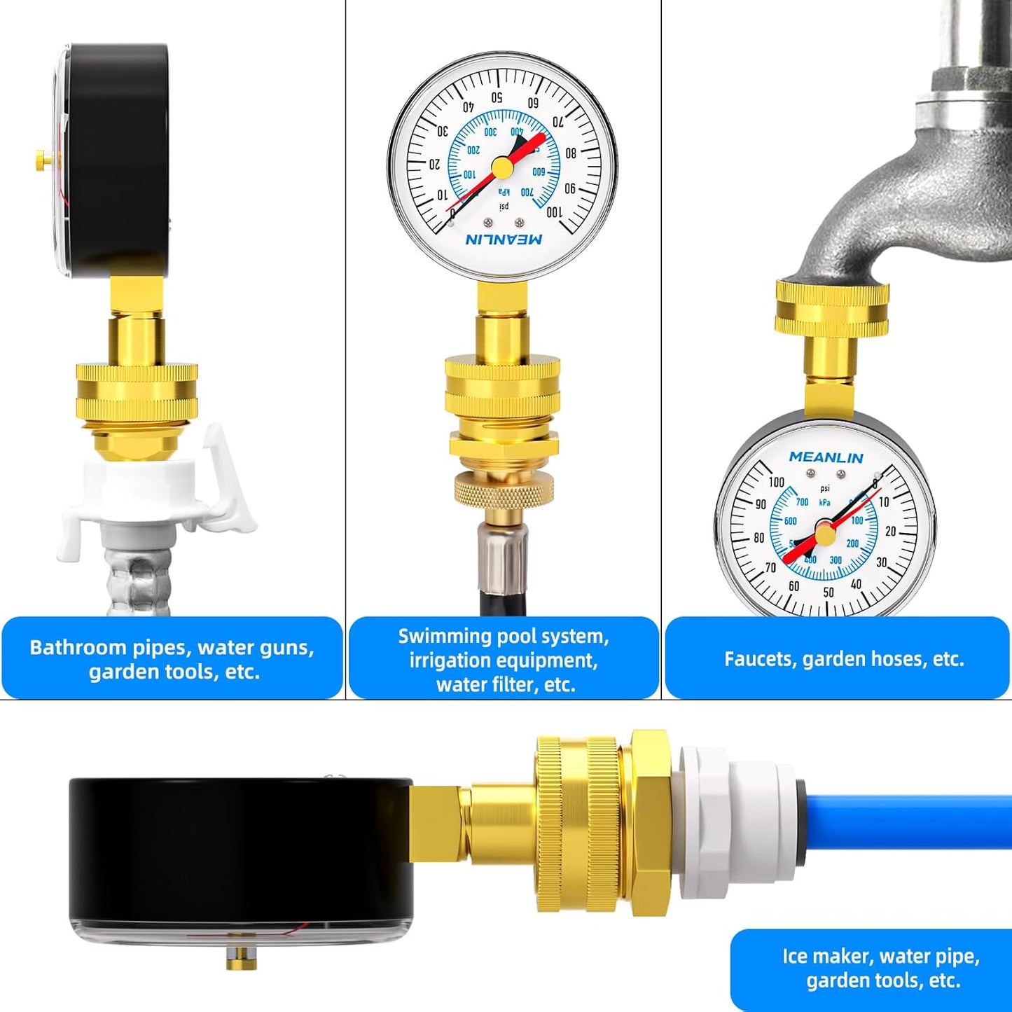 MEANLIN MEASURE 0~100Psi 3/4" Female Water Pressure kit Plus 5 adapters, 2.5" FACE DIAL Multi-Purpose Pressure Gauge kit with Red Indicator Hands, Hydraulic Tester Suitable for Gardens, Water Pipes