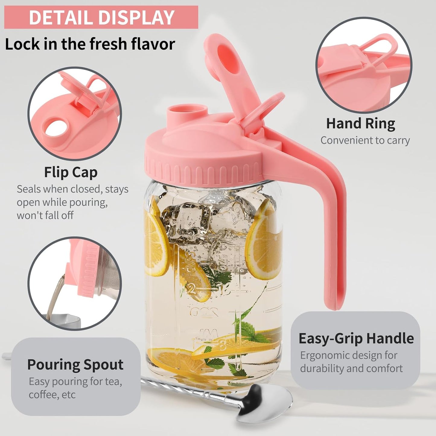 32oz Glass Pitcher with Lid &Pour Spout - 1 Quart Breastmilk Pitcher Double Leak Proof, Creamer Container for Sun Tea, Juice, Cold Brew Coffee, Breastmilk Storage Container -Pink Lid