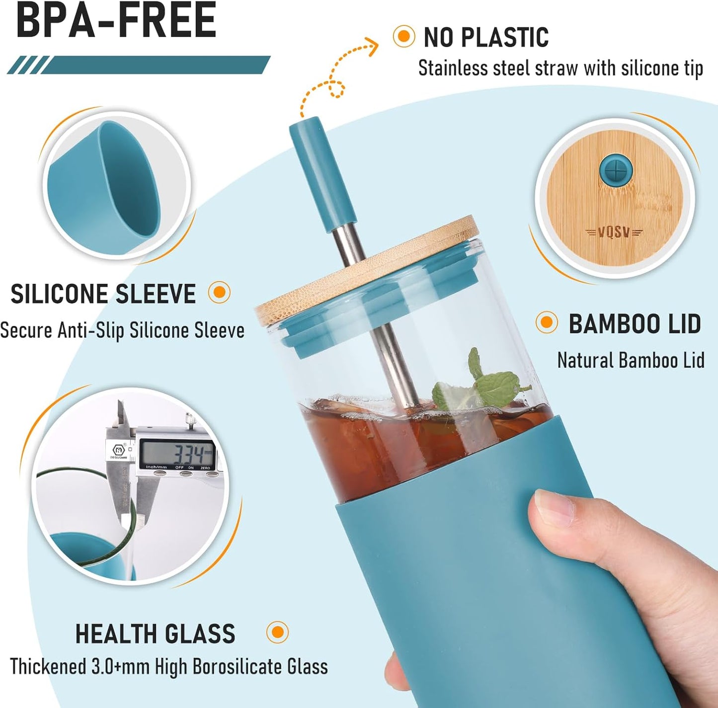 1Pack Glass Tumbler w/Lid & Straw - 24oz Reusable Glass Mug/Bamboo Lid & Stainless Steel Straw-BPA-Free, Leak-Proof, Dishwash Safe for Coffee, Smoothies, Hot Beverages, Travel, Office, Home Use