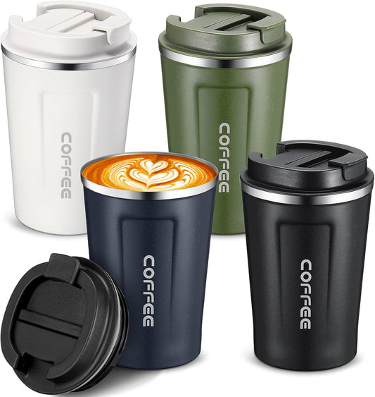 Sieral 4 Pcs 13 oz Travel Coffee Mug Insulated Reusable Coffee Cups with Leakproof Lid Stainless Steel Portable Tumbler for Keep Hot or Ice Milk Tea(Black, White, Navy Blue, Green)