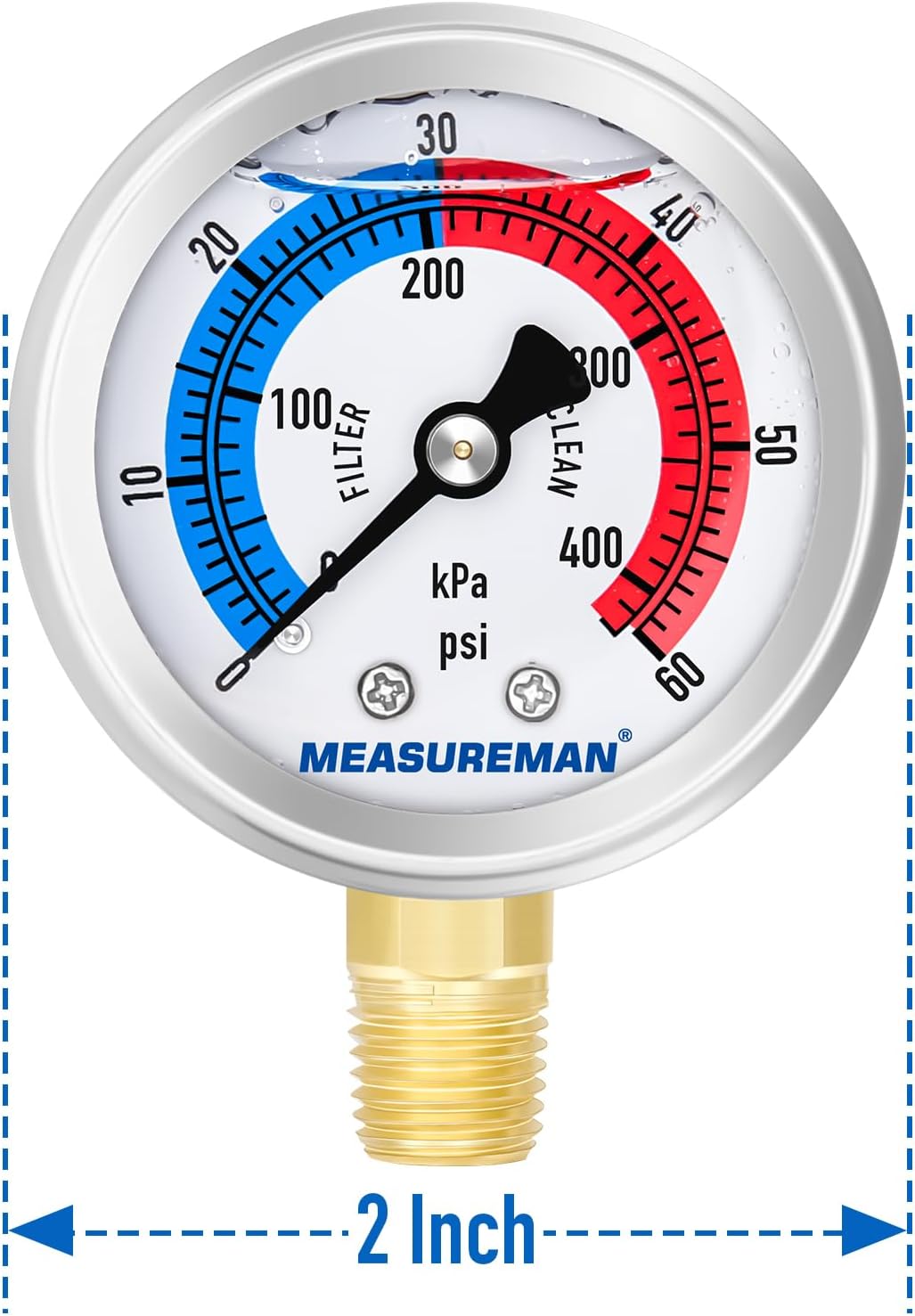 MEASUREMAN 2" Dial Size, Glycerin Filled Pool Filter Pressure Gauge, 304 Stainless Steel Case, 0-60psi/420kpa, 1/4" NPT Lower Mount