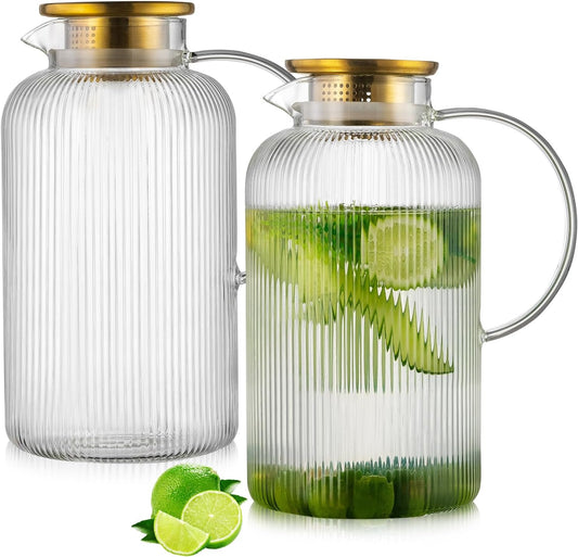 Glass Pitcher with Lid, 100 oz/ 3 Liter Classic Vertical Stripes Water Pitcher,Glass Water Carafe for Cold Brew, Coffee, Lemonade, Iced Sun Tea,Beverage, Milk, Heat Resistant