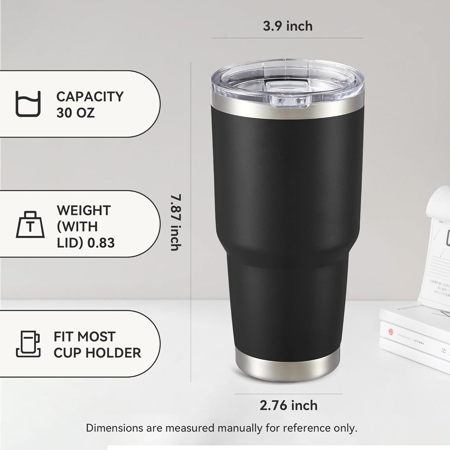 30 oz Tumbler with Lid Stainless Steel Tumblers Bulk Vacuum Insulated Cup Reusable Powder Coated Travel Mug Double Wall Leak Proof Cups Keep Cold Drinks for 12 Hours Black, Set of 8