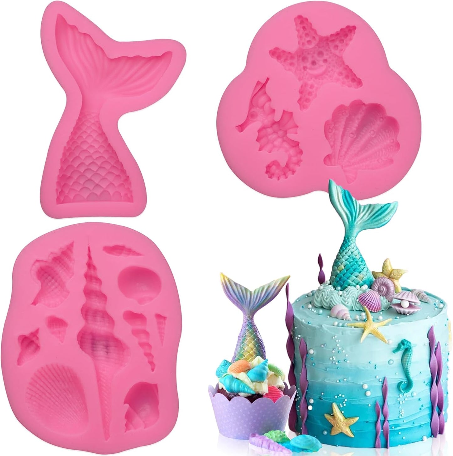 SAKOLLA Mermaid Theme Silicone Fondant Mold - Mermaid Tail Seashell Starfish Hippocampus Conch Silicone Mold for Under The Sea Cake Decoration, Gum Paste, Polymer Clay, Cupcake Decor, Sugar Craft