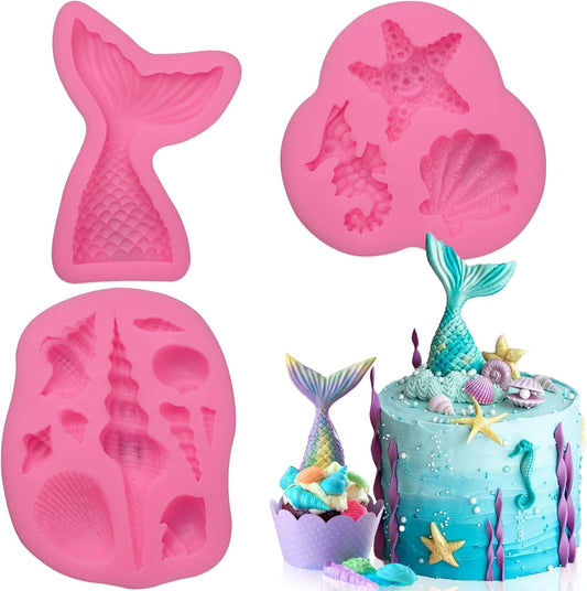 SAKOLLA Mermaid Theme Silicone Fondant Mold - Mermaid Tail Seashell Starfish Hippocampus Conch Silicone Mold for Under The Sea Cake Decoration, Gum Paste, Polymer Clay, Cupcake Decor, Sugar Craft