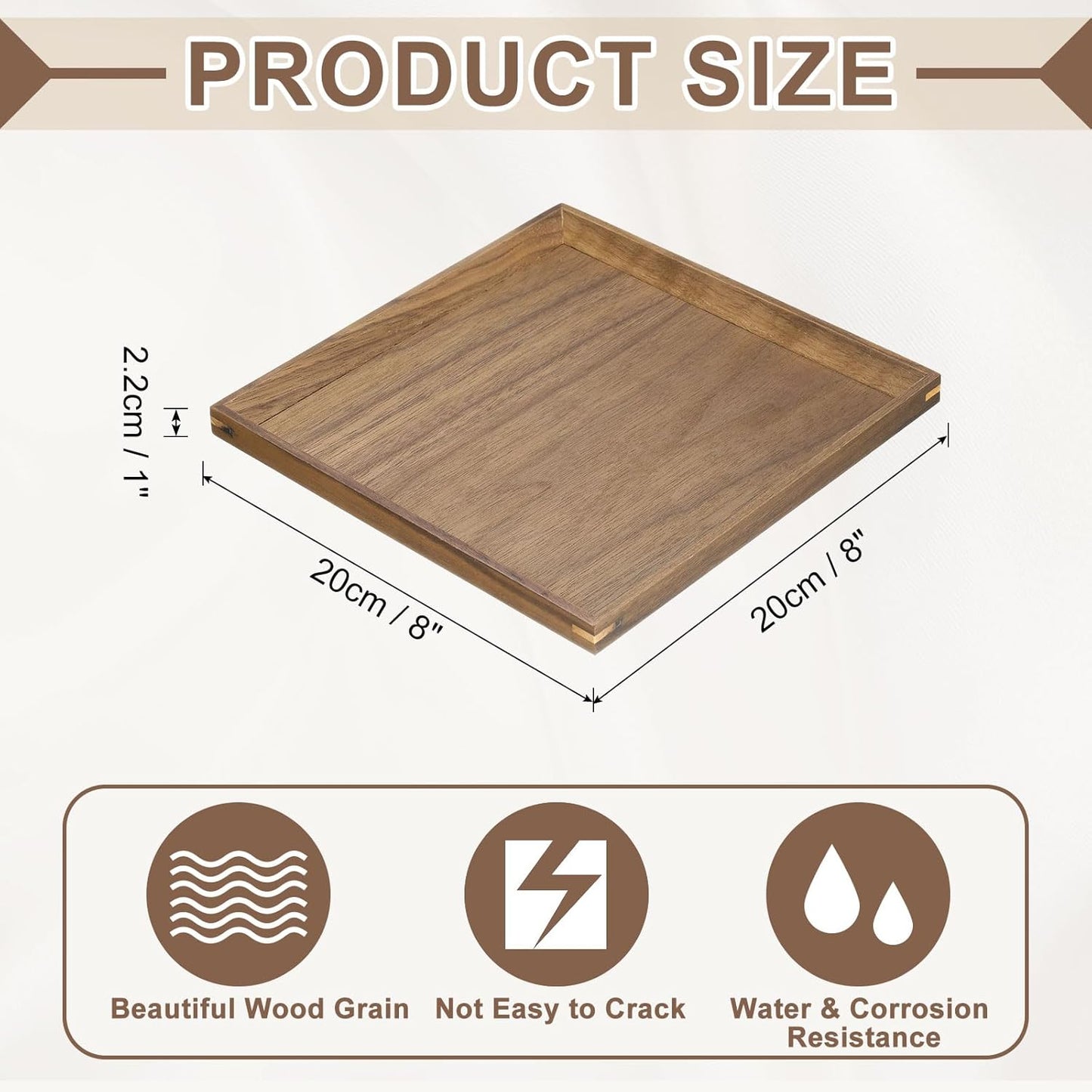 uxcell Bamboo Serving Tray, 8 x 8 Inch Square Wooden Trays Portable Serving Platters for Food Fruit, Snacks, Bread, Vanity, Weddings, Picnics, Brown (Inner Slant)