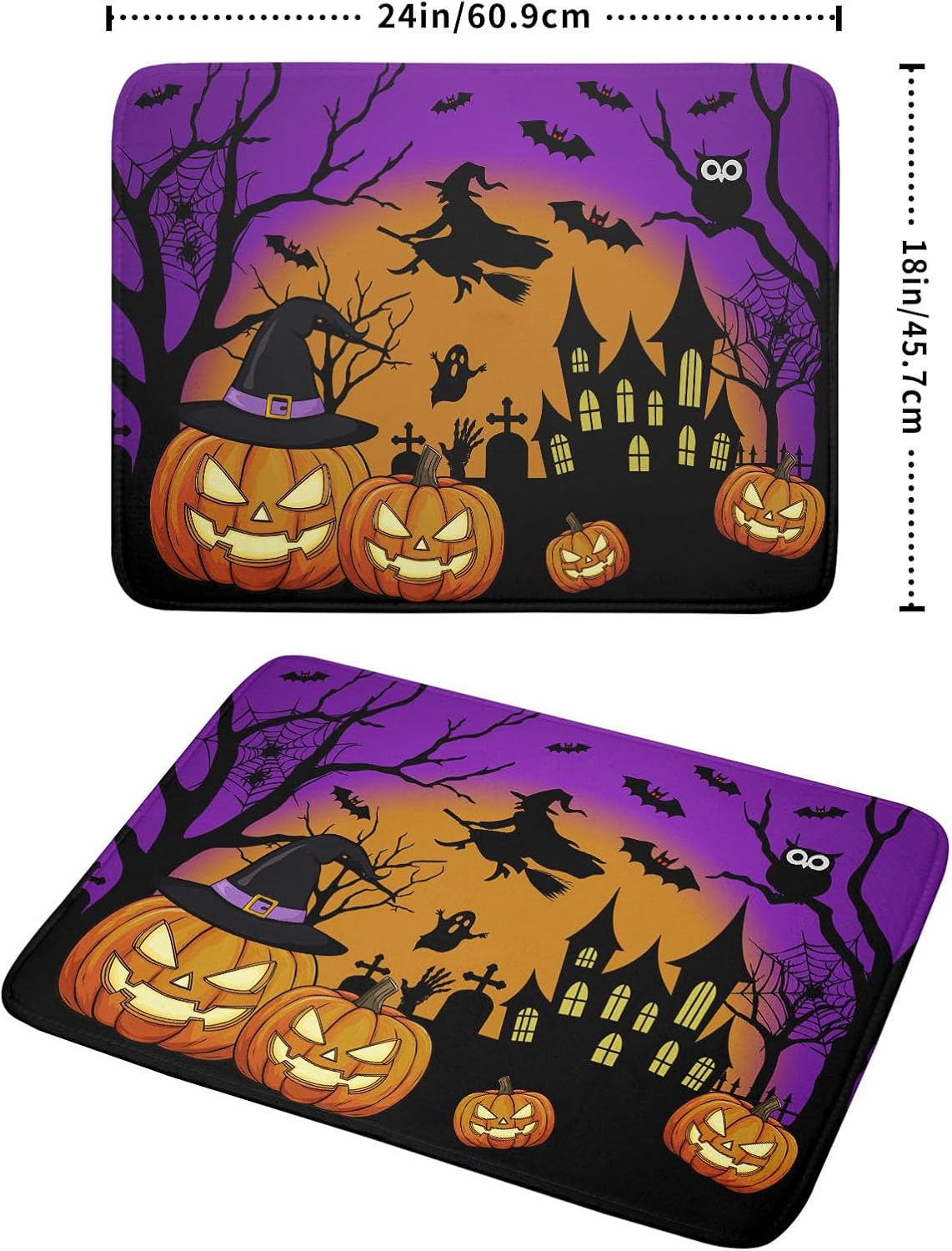 Happy Halloween Pumpkin Dish Drying Mat for Kitchen Counter,Witch Ghost Castle Bat Purple Drying Mat 18 x 24 Inch with High Absorbent Microfiber Drainer Mat for Coffee Bar