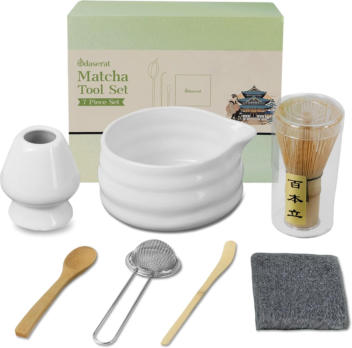 Matcha Whisk Set, 7 Pcs Matcha Kit, Premium Ceramic Matcha Set, Whisk and Bowl, Sifter, Cup Holder, Bamboo Scoop, Tea Plucking, Tea Towel, Matcha Lovers (White)