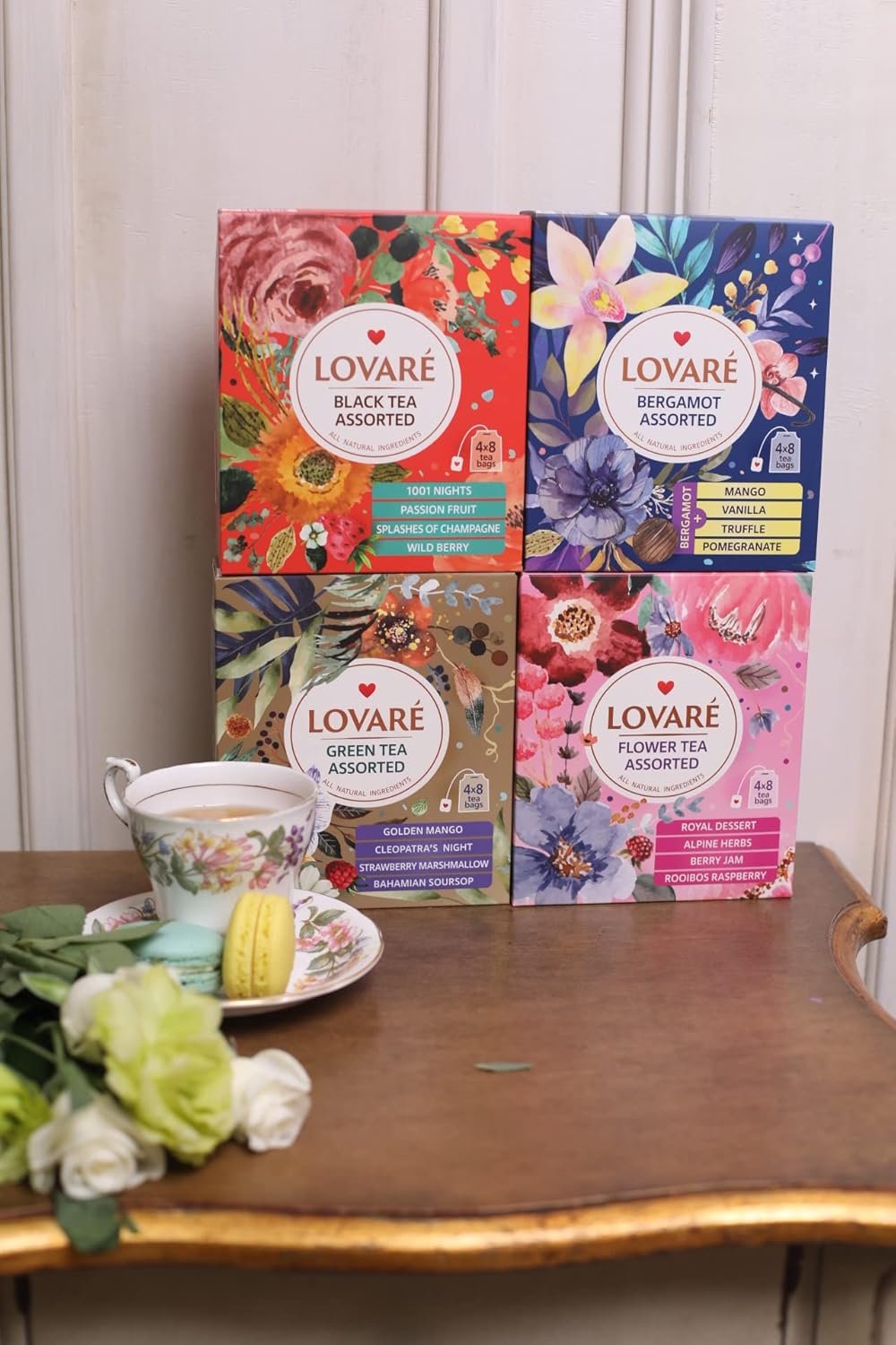 LOVARE Assorted Tea Variety Pack 32 Pack per Box - Made in Ukraine - Set of 4 Tea Bags Individually Wrapped 128 Pack - Bergamot Black, Floral, Black and Green Assorted Tea Bags Variety Pack