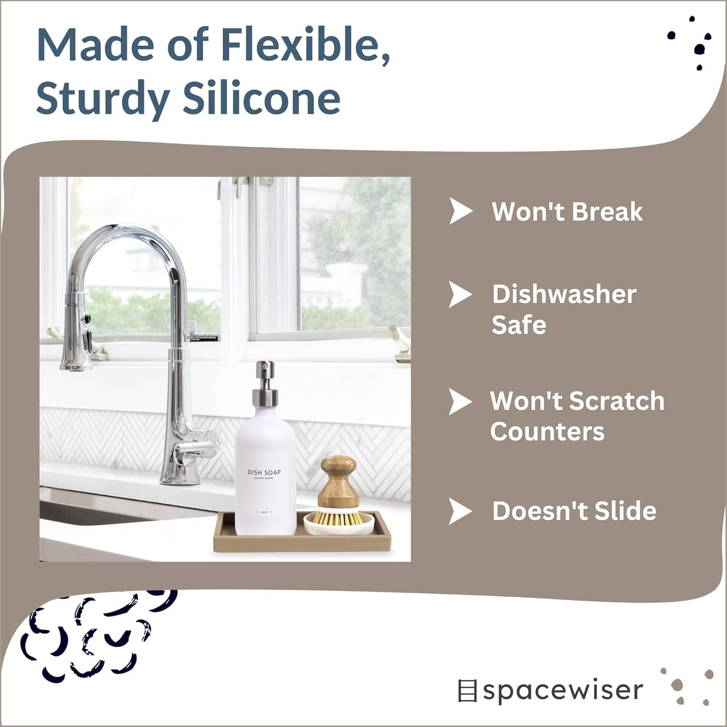 Countertop and Vanity Tray - Small 7.7” Silicone Tray for Soap Dispenser Bottles, Bathroom Trays, Kitchen Sink Trays, Sink Caddy Kitchen Sinks Organizer, Soap Dish & Sponge Holder Mat