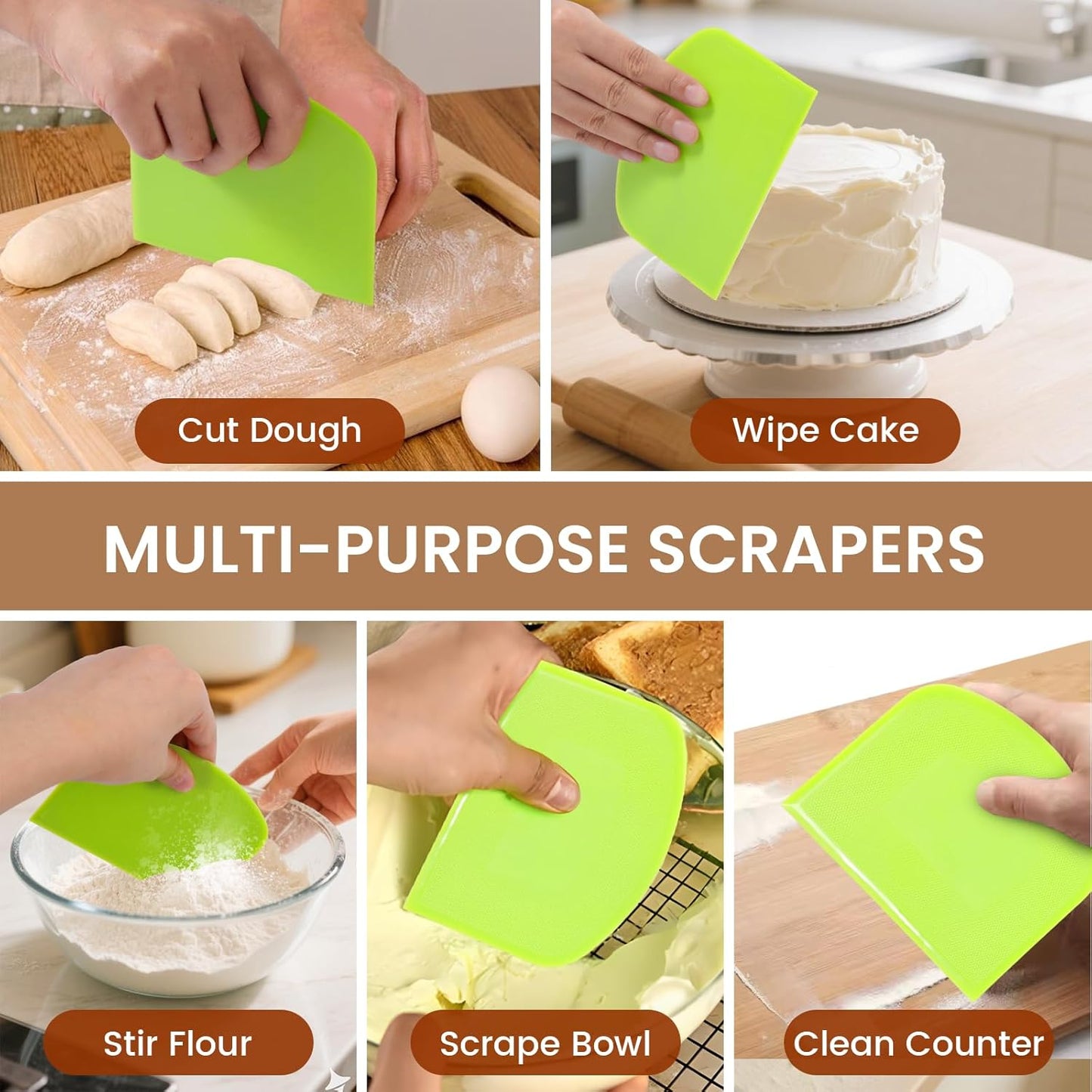 SCHVUBENR Premium Dough Scraper Set with 2 Flexible Bowl Scrapers - Stainless Steel Dough Cutter & Bench Scraper with Measuring Scale - Versatile Kitchen Scraper for Bread, Pastry, Pizza, Cake - Black