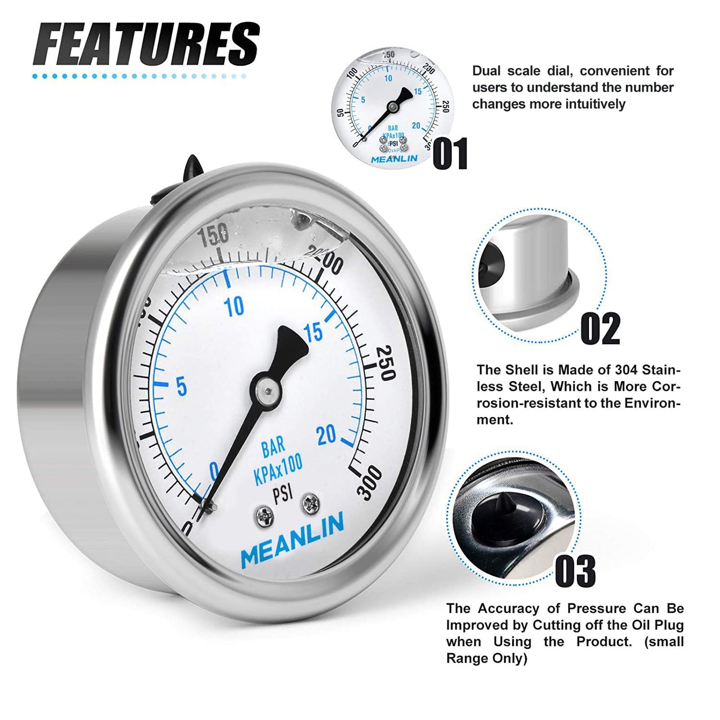 MEANLIN MEASURE 0~300Psi Stainless Steel 1/4" NPT 2.5" FACE DIAL Liquid Filled Pressure Gauge WOG Water Oil Air Center Back Mount, with 1/4" x 1/2" NPT and 1/4" x 3/8" NPT Hex Bushing