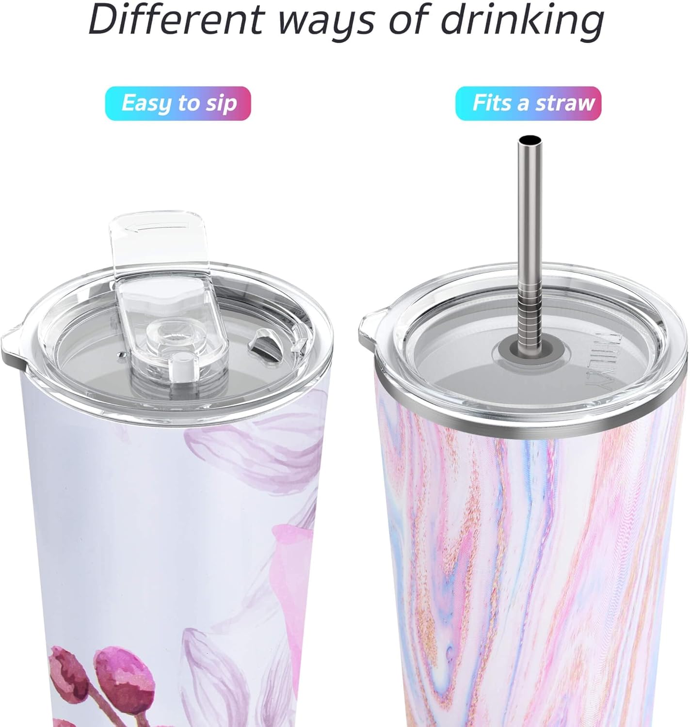 THILY Stainless Steel Vacuum Insulated Tumbler 26 oz Triple-Insulated Travel Mug with Splash-Proof Lid, for Iced Coffee and Hot Beverage, Pink Ripple + Lotus Flower