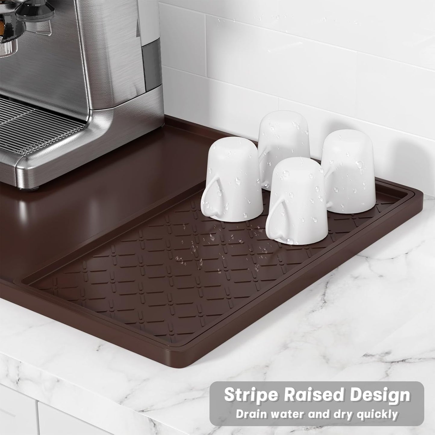 Rnivvi Silicone Coffee Mat, 16" x 24" Waterproof Raised Edge Coffee Bar Mats for Espresso Machine Station Accessories, Heat Resistant Detachable Dish Drying Pad for Kitchen Counter, Dish Rack, Brown